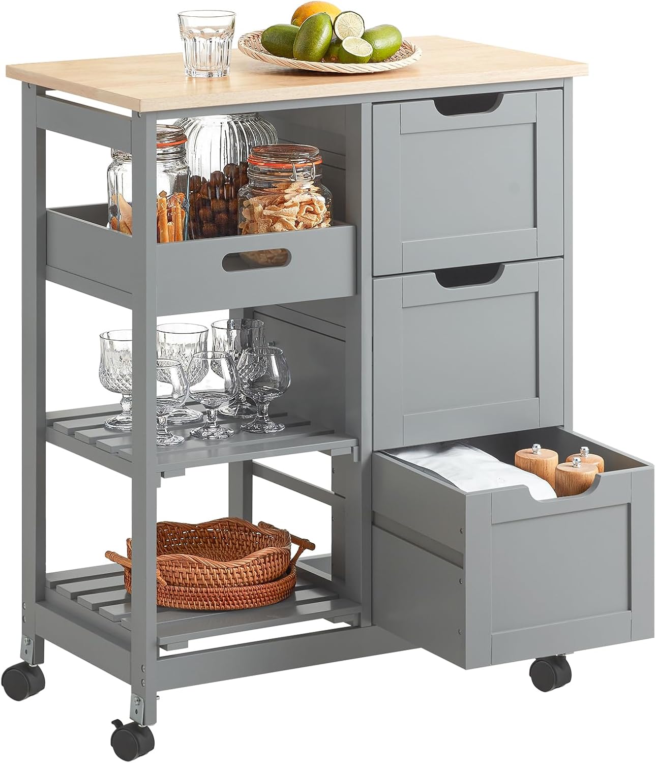 Carrello Cucina 3 Cassetti Con Cestino - Organizza Spazi In Cucina E Bagno 68x38x85 Cm