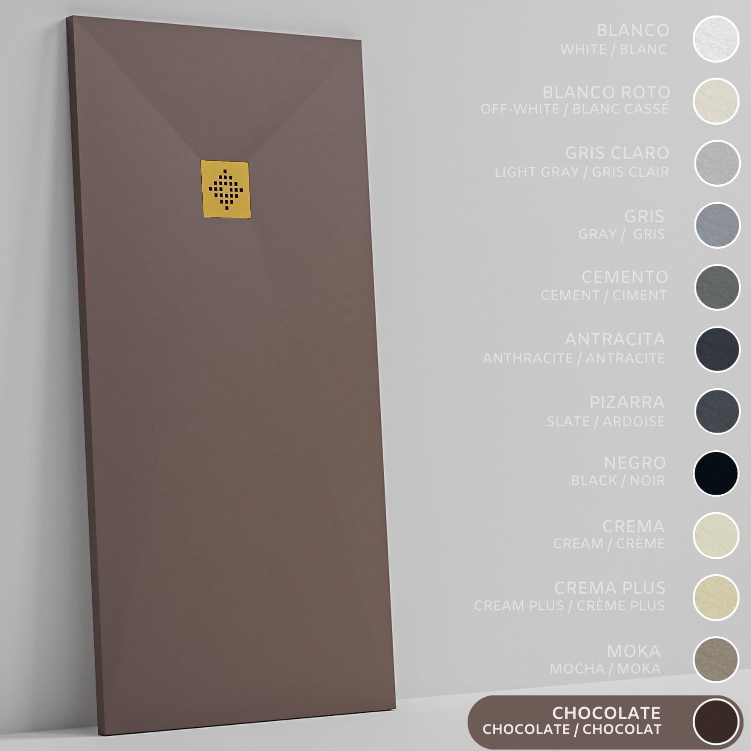 SOULHOME Brodzik prysznicowy– Żywica– Gel Coat– Gładka/Kamienna tekstura – Antypoślizgowy – czekoladowy – 100X70- Niski 3 cm– Ruszt Złoty