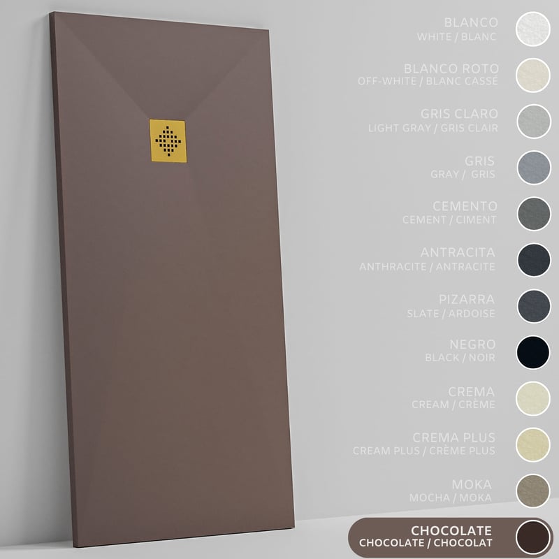 SOULHOME Brodzik prysznicowy– Żywica– Gel Coat– Gładka/Kamienna tekstura – Antypoślizgowy – czekoladowy – 100X70- Niski 3 cm– Ruszt Złoty