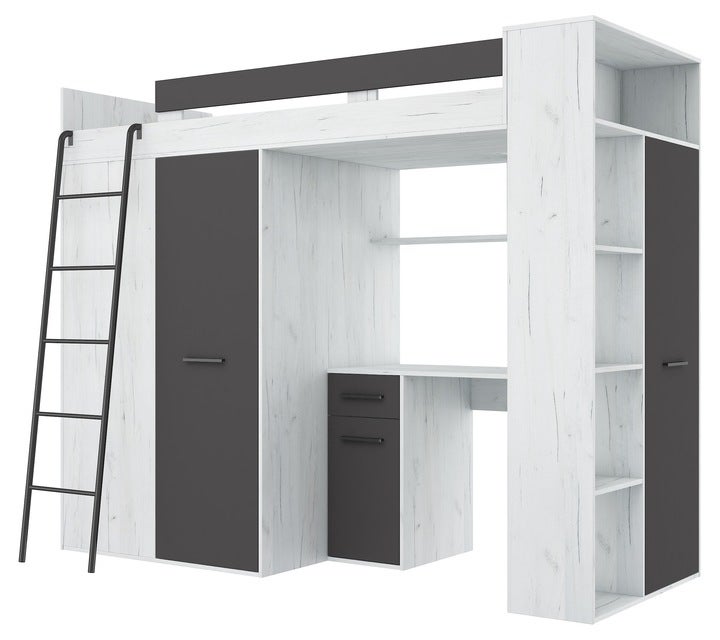 Lit Mezzanine 90x200cm avec échelle Placard, Bureau, bibliothèque et ...