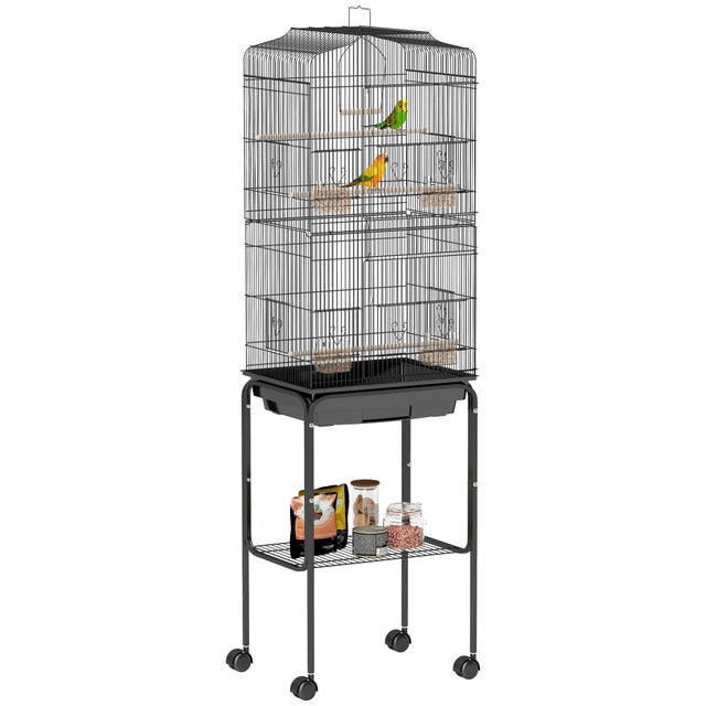 Gaiola Grande para Pássaros c/ Rodas 46x36x157cm - 4 Comedouros, 3 Poleiros, Baloiço - Papagaio Canário Periquito