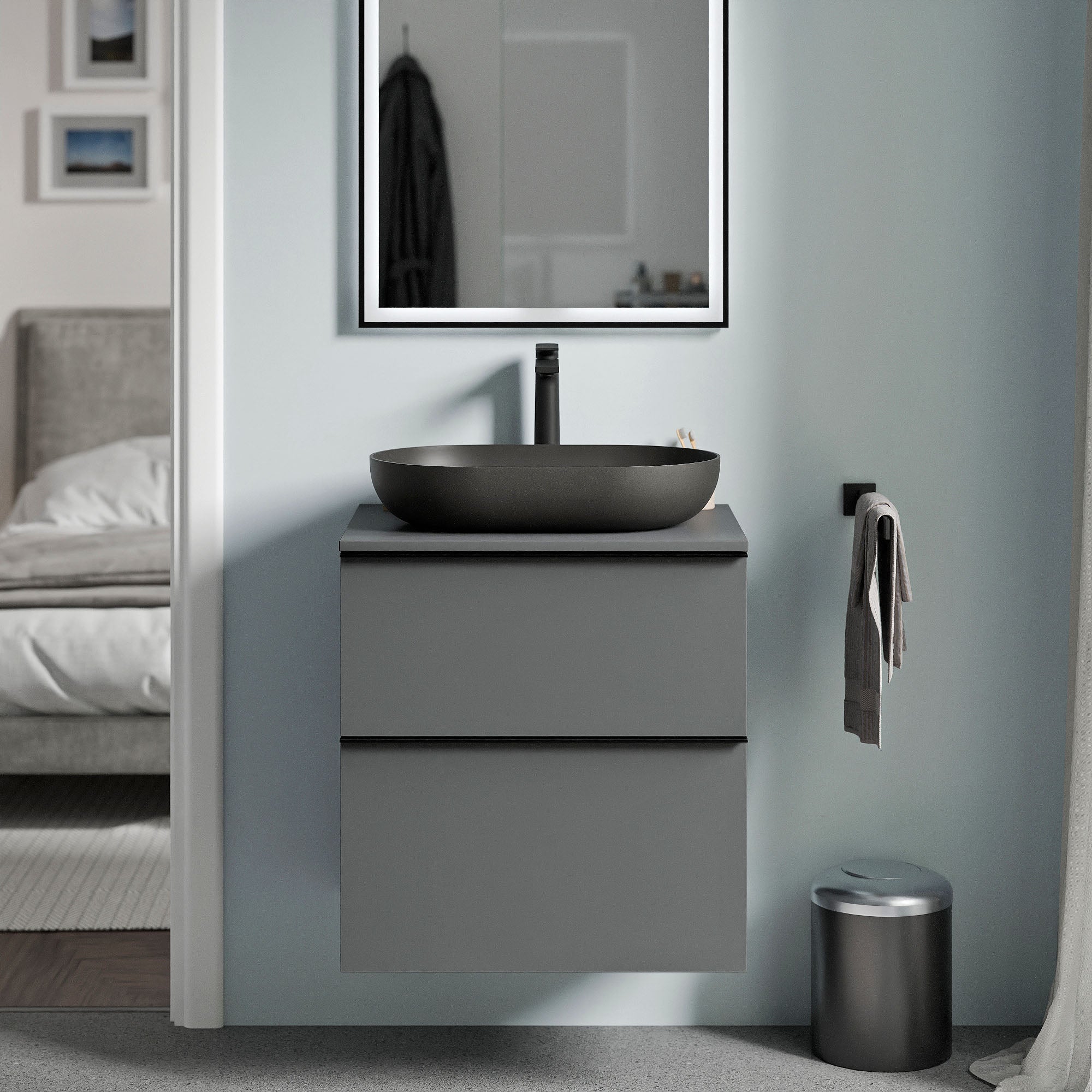 Bernstein - mueble lavabo suspendido mdf antracita mate, encimera de lavabo antracita mate, tirador cromado 60x46x62cm - lavoa