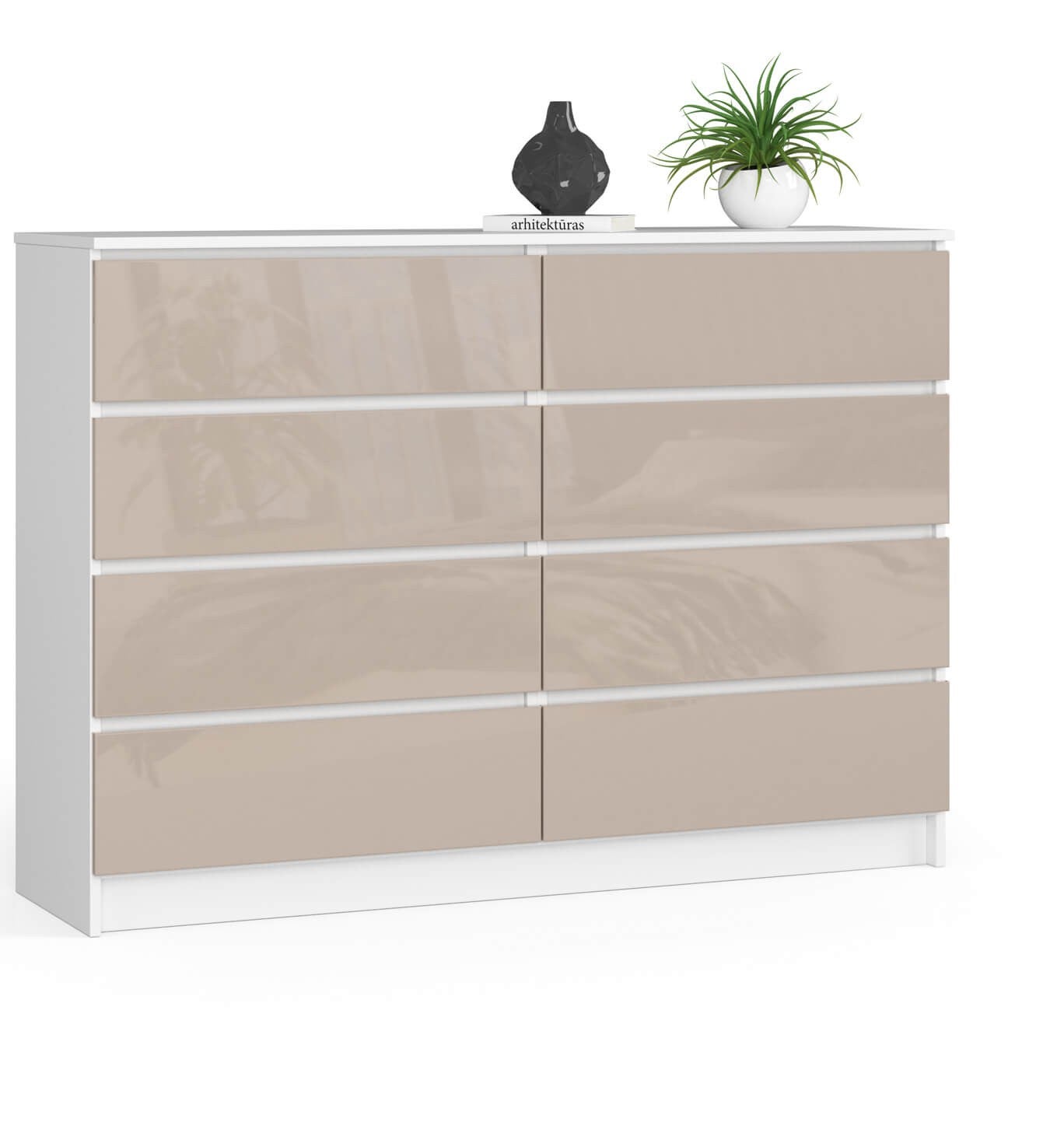 Komoda: 8 szuflad, biała | cappuccino sparkle, 138 x 99 x 40 cm