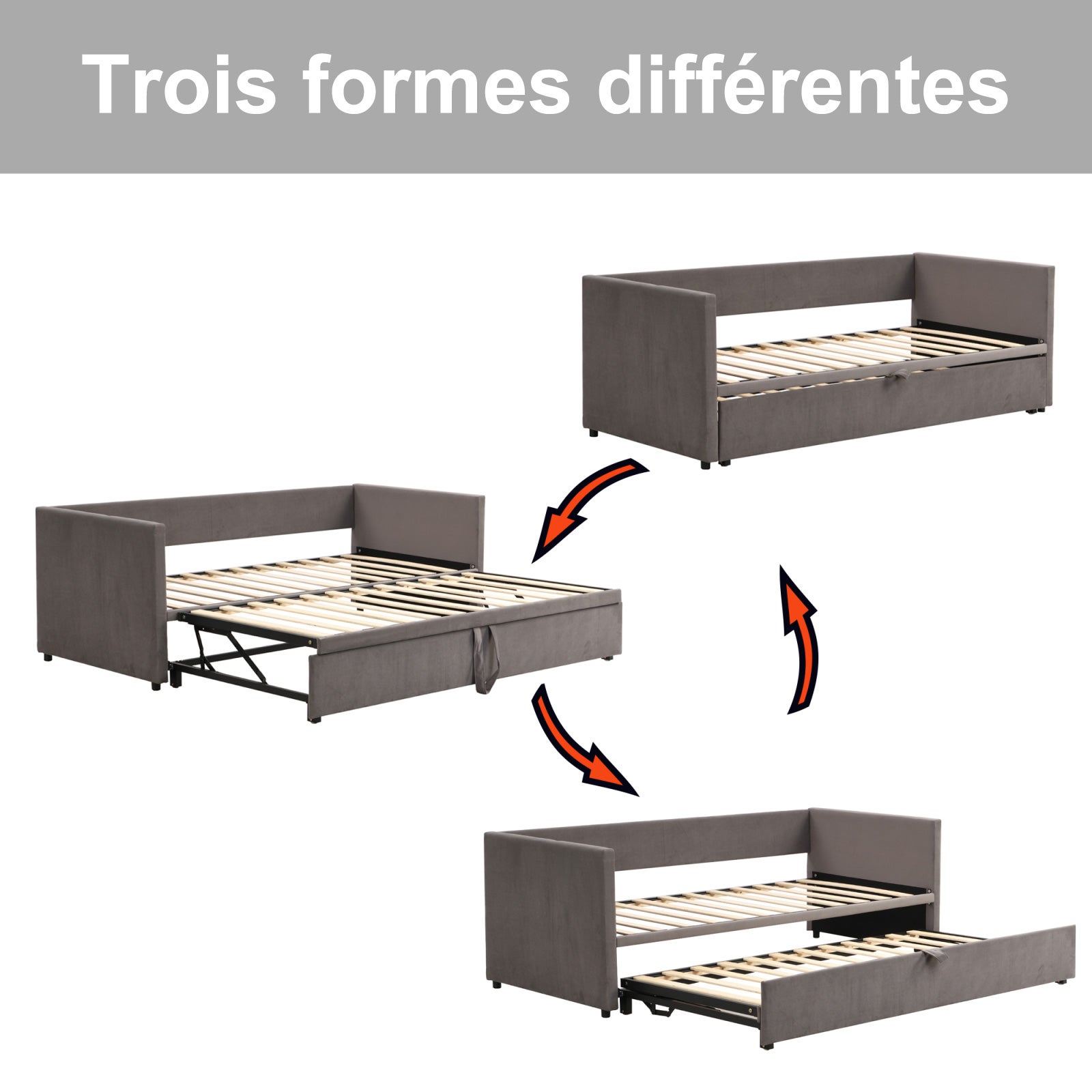 Canapé-lit extensible 90/180 x 200cm 2 Places, canapé convertible rembourré avec sommier à Lattes, velours, gris, sans matelas - 3