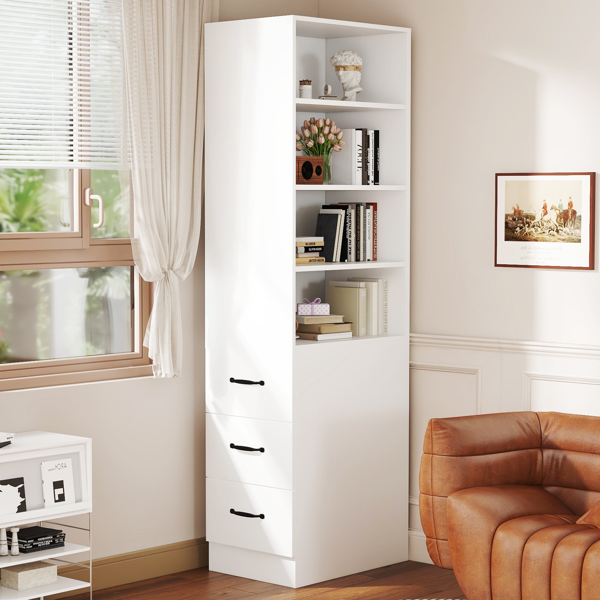 Estante extra estreita com 3 gavetas e 4 prateleiras ajustáveis - 60 x 38 x 180 cm - Aglomerado - Branco - 4