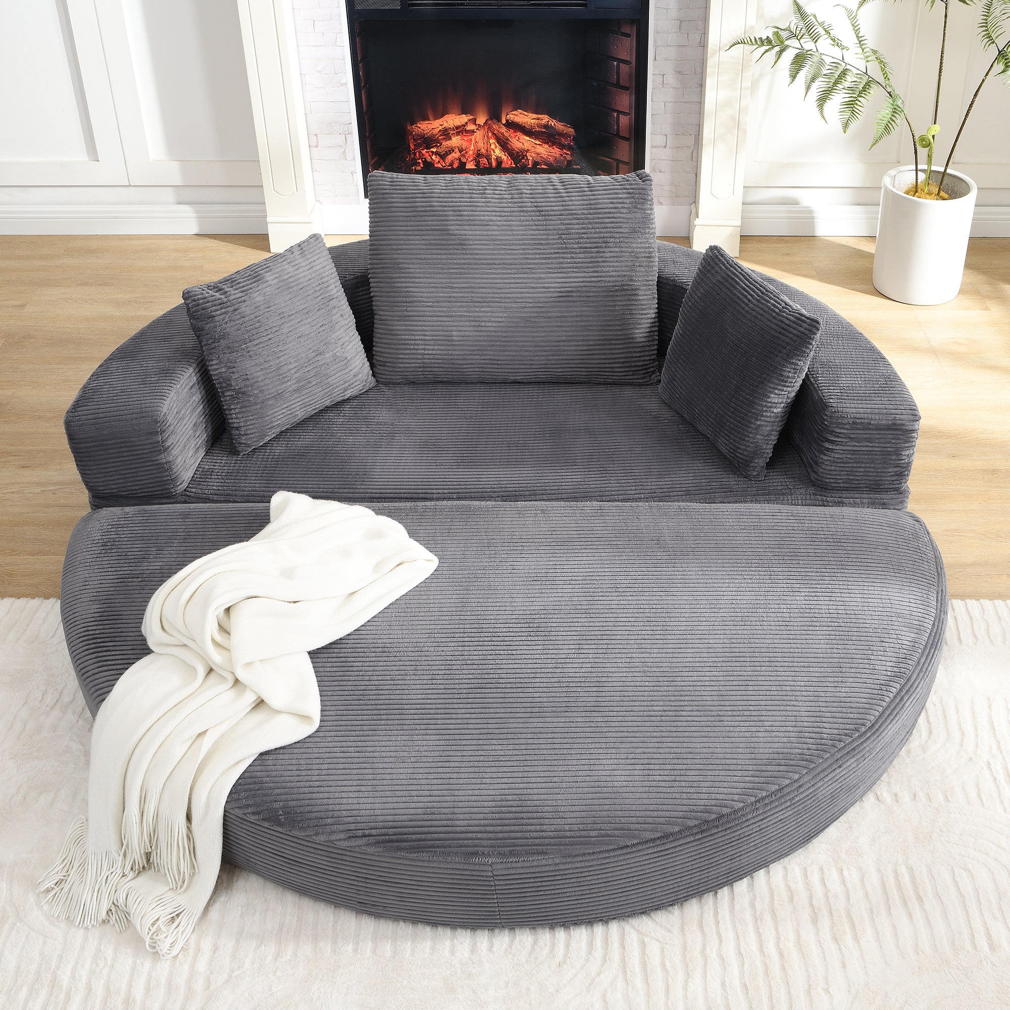 Canapé convertible 2 places rond multifonctionnel, canapé lit pliant en velours côtelé avec 3 coussins, canapé modulaire (173 x 176 cm) - Gris - 6
