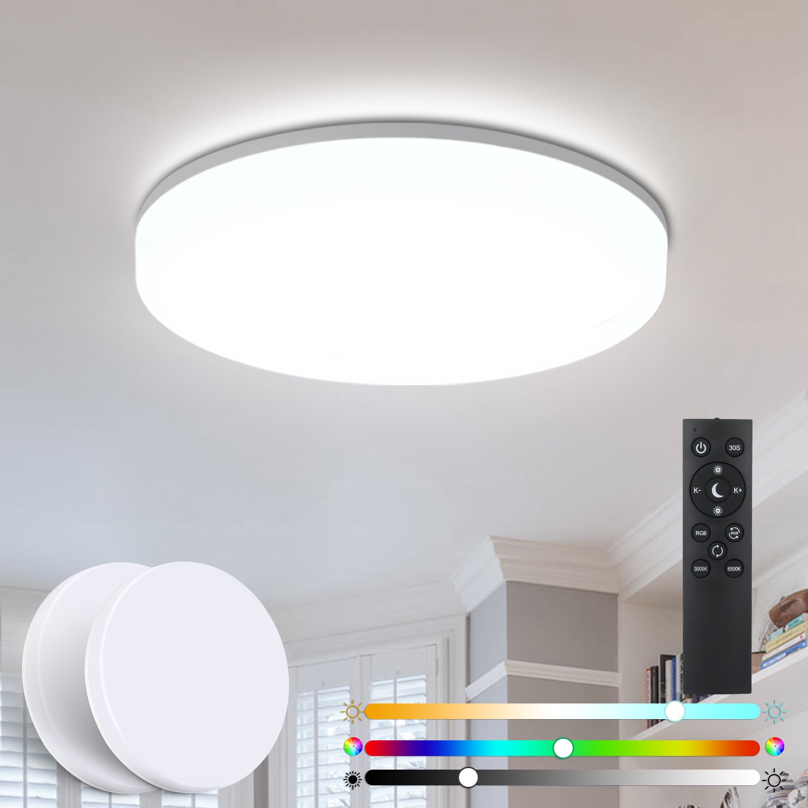 LOVHAUS Zestaw 2 Sufitowych LED RGB 24W Ściemnialnych z Pilotem, Oświetlenie Sufitowe do Kuchni 3000K-6500K, 2400LM do Garderoby