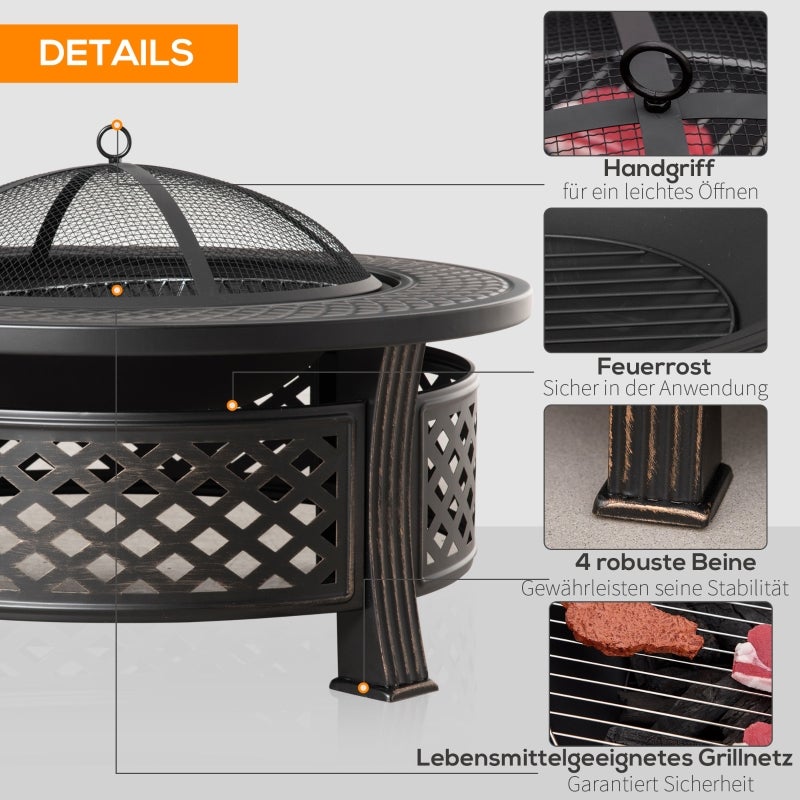 Brasero rond 81x81x50 cm en acier noir, 2-en-1 foyer extérieur et barbecue avec couvercle pare-étincelles et tisonnier - 4