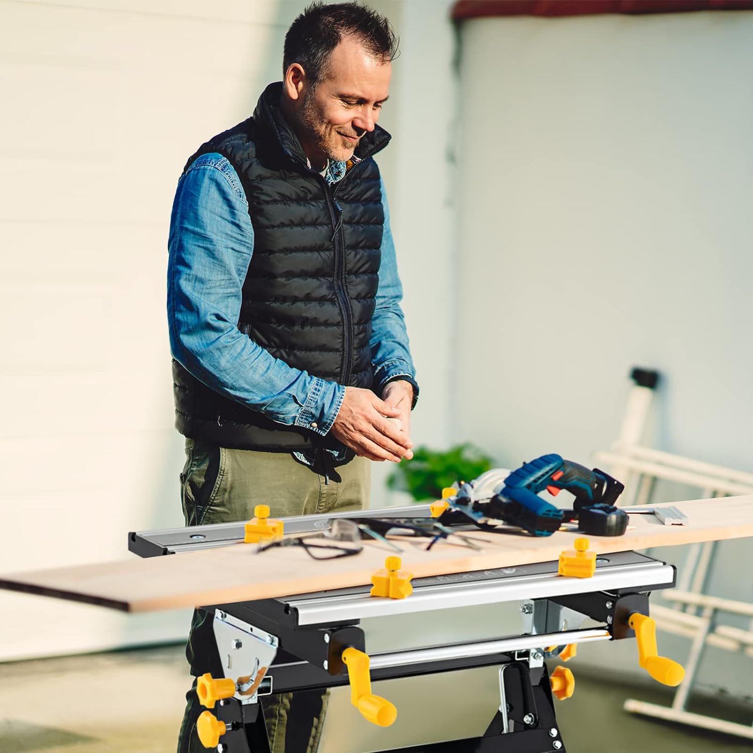 Établi Pliable avec Plate-Forme Inclinable 7 Hauteurs réglables, Support de Scie Garage Cadre en Alu avec 2 Poignées de Serrage - 2