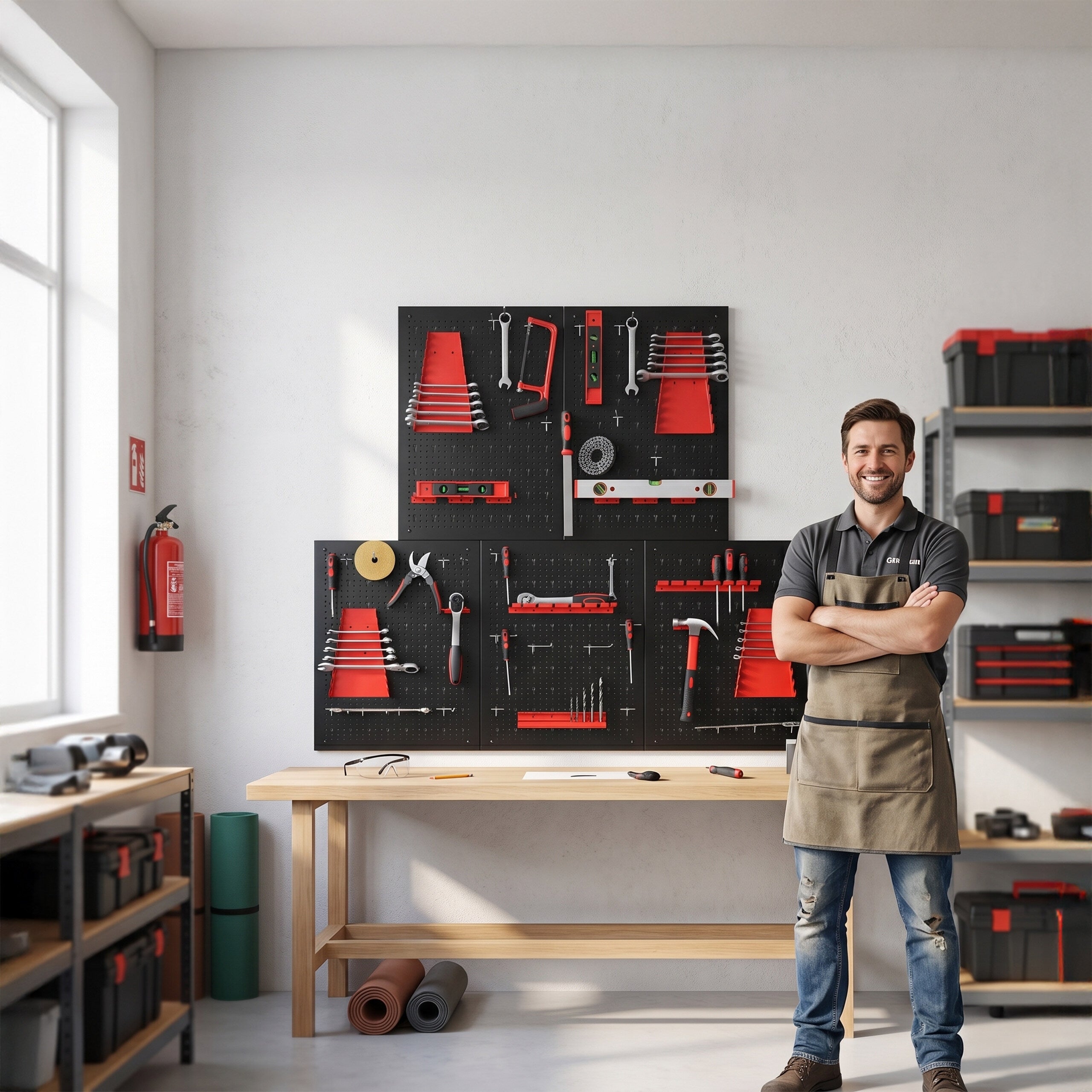 Lot de 5 panneaux porte-outils perforés, kit 48 pièces, 60 x 40 cm (H x L), métal, pour atelier, noir/rouge, Relaxdays - 7
