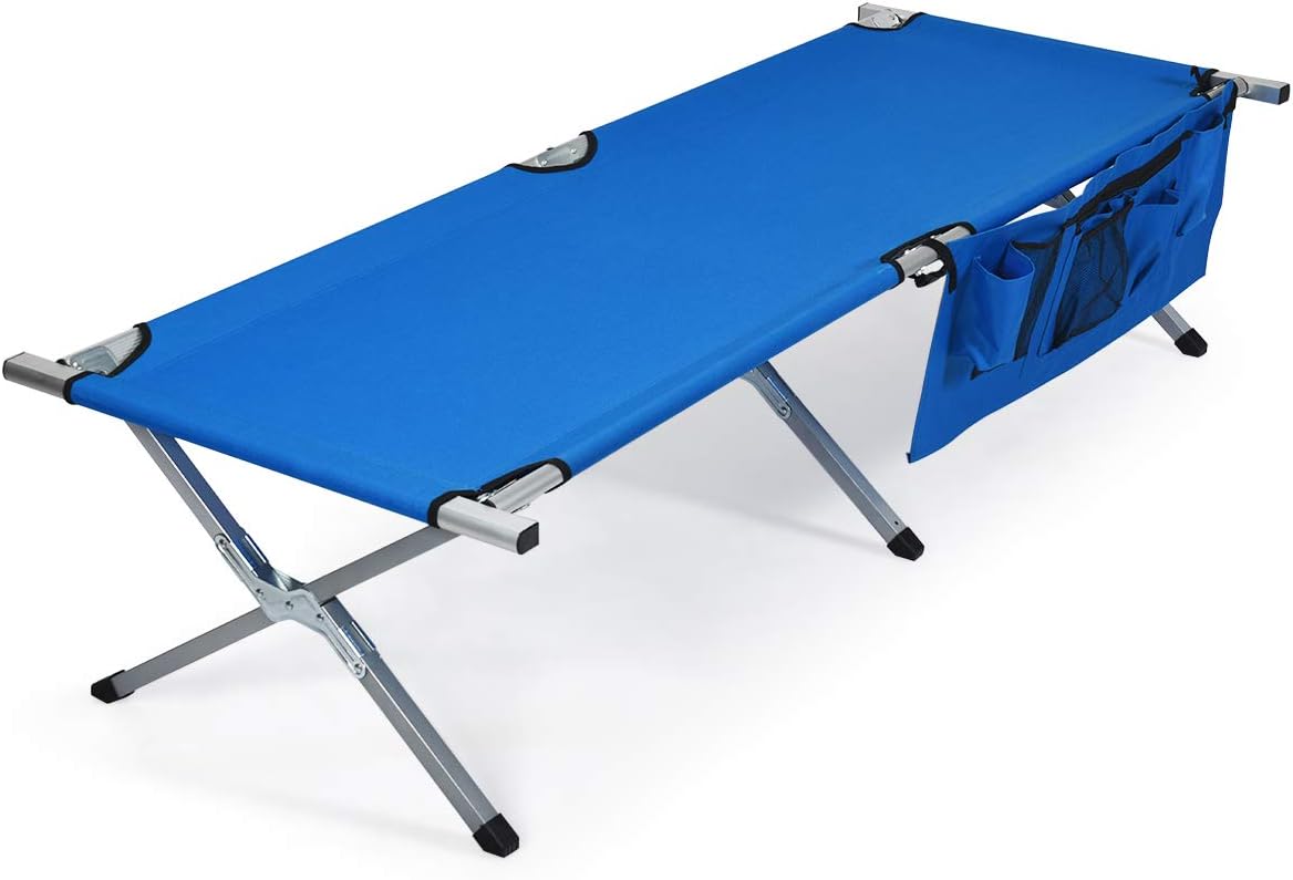 Outsunny Lit de camp pliant pour deux personnes 193 cm - Lit de camp double portable extérieur - Grand lit de couchage militaire - Avec sac de transport - Bleu