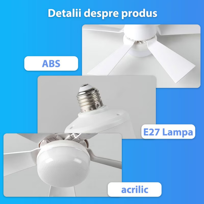 Petit ventilateur de plafond E27 avec lumière, télécommande intelligente, trois vitesses, pales amovibles, moteur en cuivre silencieux - 6