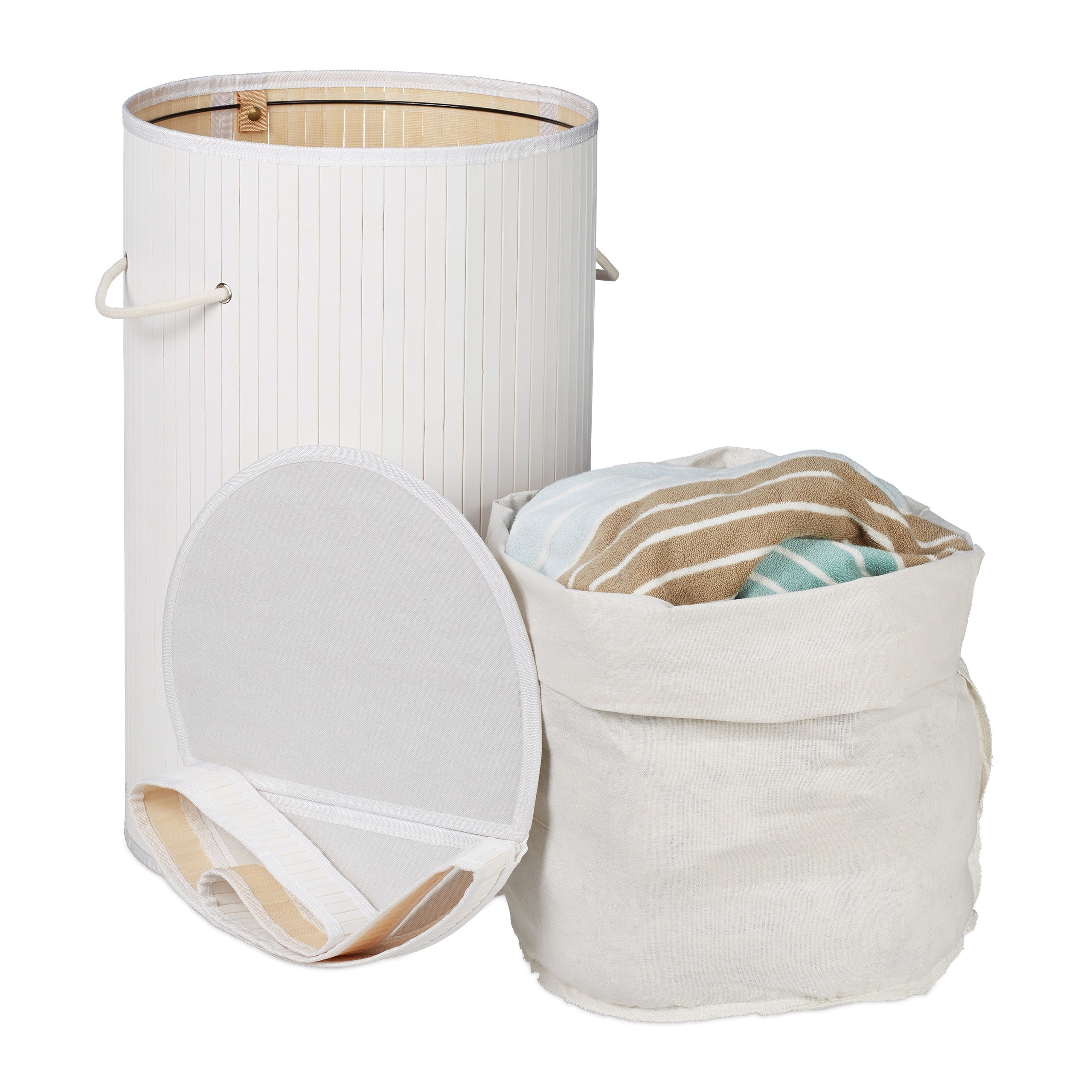 Panier à linge bambou, lot de 2, pliable, Corbeille à linge ronde, 65 L, Sac à linge, Ø 40 cm, blanc - 6