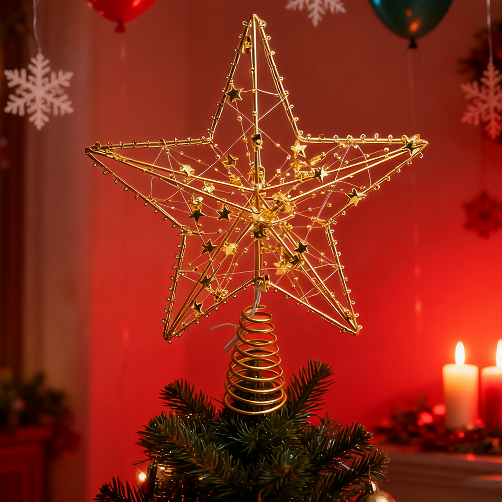 Topo de árvore de Natal em forma de estrela com luzes LED, decorações de Natal douradas, topo de árvore de Natal, enfeite de Natal - 9
