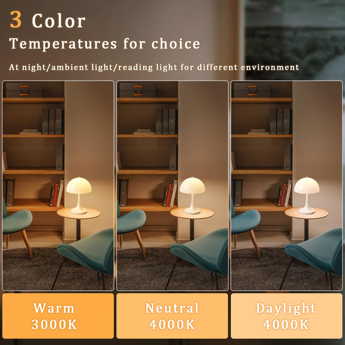 Lampe de table champignon sans fil, lampe de bureau rechargeable, lampe de chevet LED rétro, 3 couleurs de gradation de la température, blanc - 4