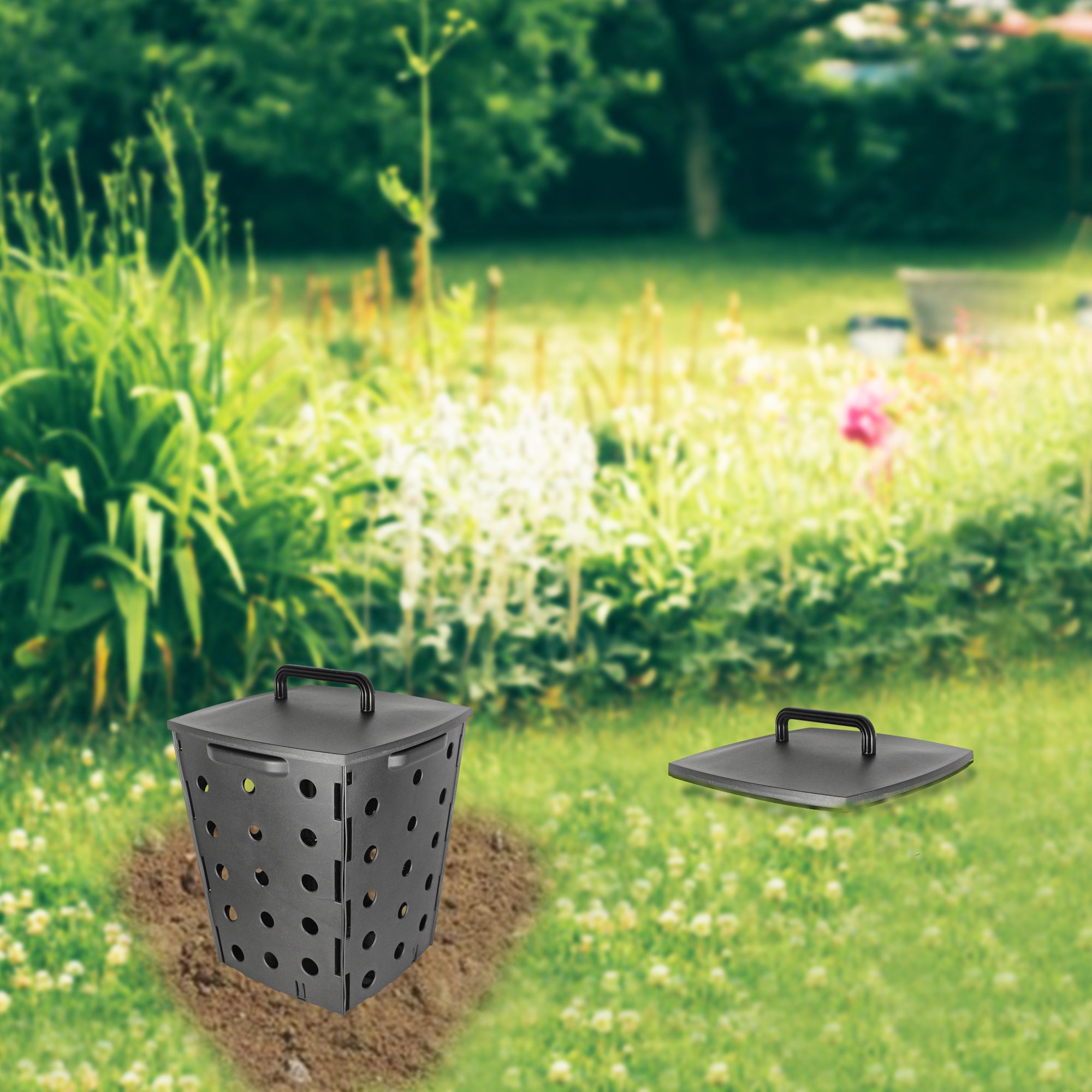 Composteur de Jardin enterrable 17 L - Bac à Compost en Plastique avec Couvercle - Lombricomposteur pour Déchets organiques et Engrais - 6