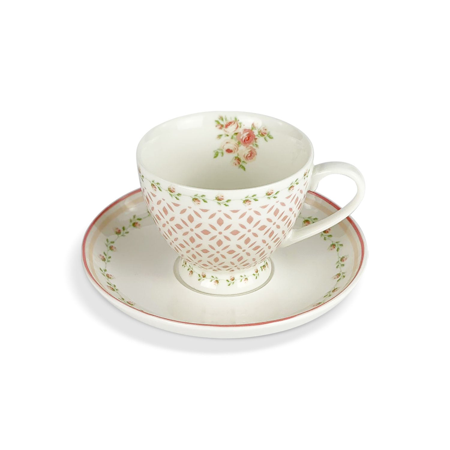 Tazza Con Piattino In Porcellana Bone China Nuvole Di Stoffa - Motivo Floreale Retrò Shabby Chic, Per Colazione E Tè
