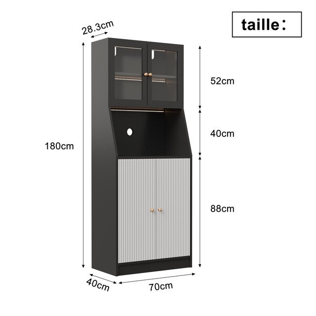 Armoire de Cuisine Colonne 180cm, Buffet avec Éclairage, Étagères Réglables, Plan de Travail et Portes en Verre Transparent, 70x40x180cm - 5