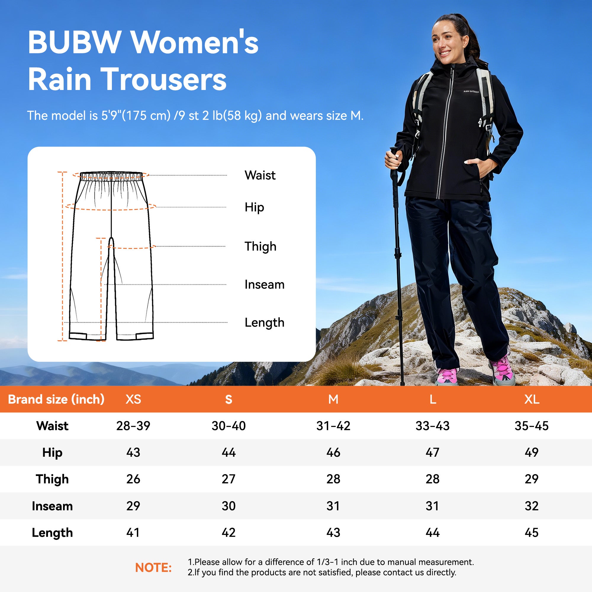 Pantalon de Travail/Pluie Taille 38 Imperméable et Pliable Femme - Léger, Respirant et Coupe-vent, avec Sac de Rangement - Noir M - 8