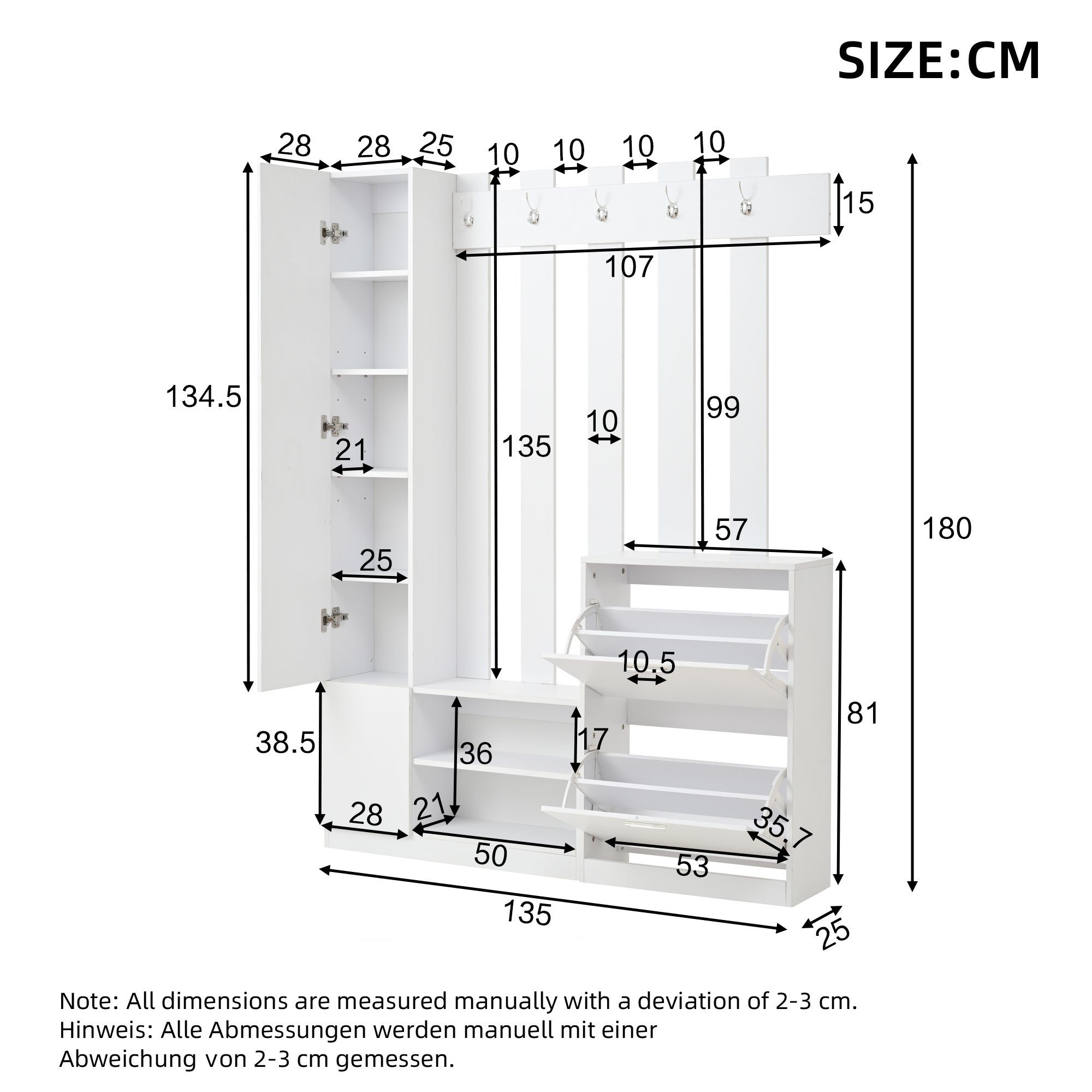 Ensemble vestiaire d'entrée 135x25x180cm - avec porte-manteau et 2 armoires à chaussures - avec miroir et crochets - blanc - 3