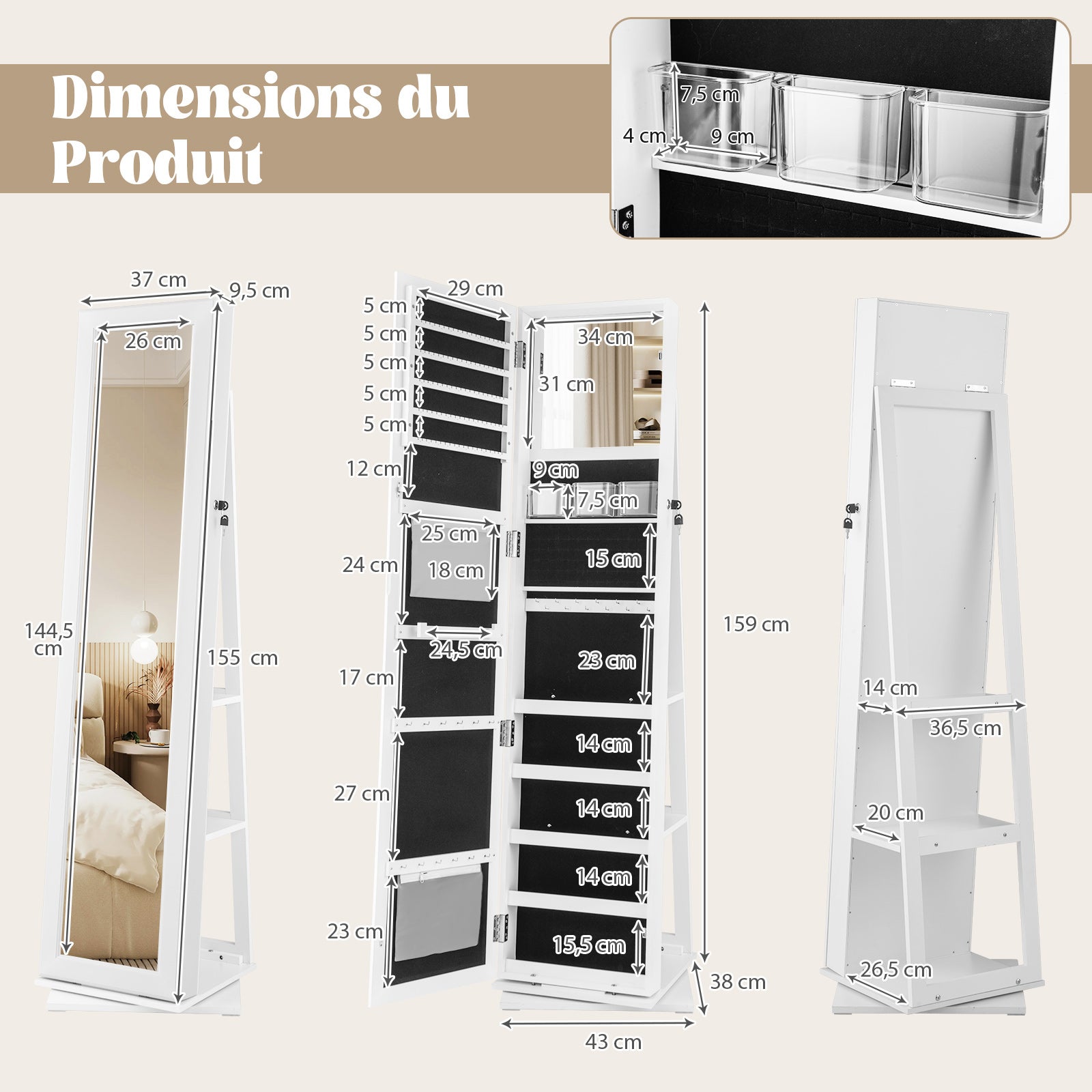Armoire à Bijoux Avec Miroir Rotatif - 3 étagères, 120 Emplacements Boucles D'oreilles, Verrouillable, Marron - 3