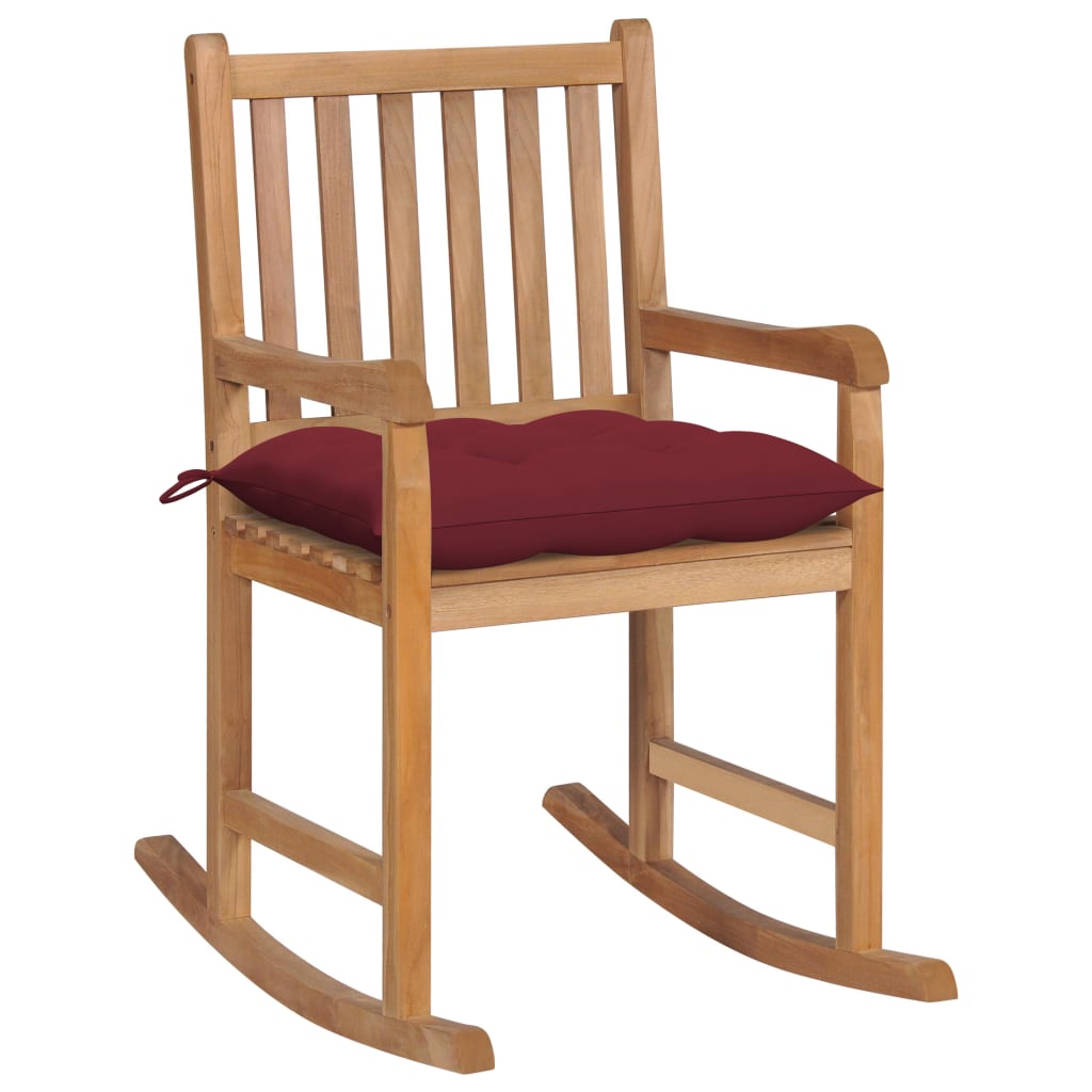 Maison exclusive - silla mecedora de madera maciza de teca con cojín rojo tinto