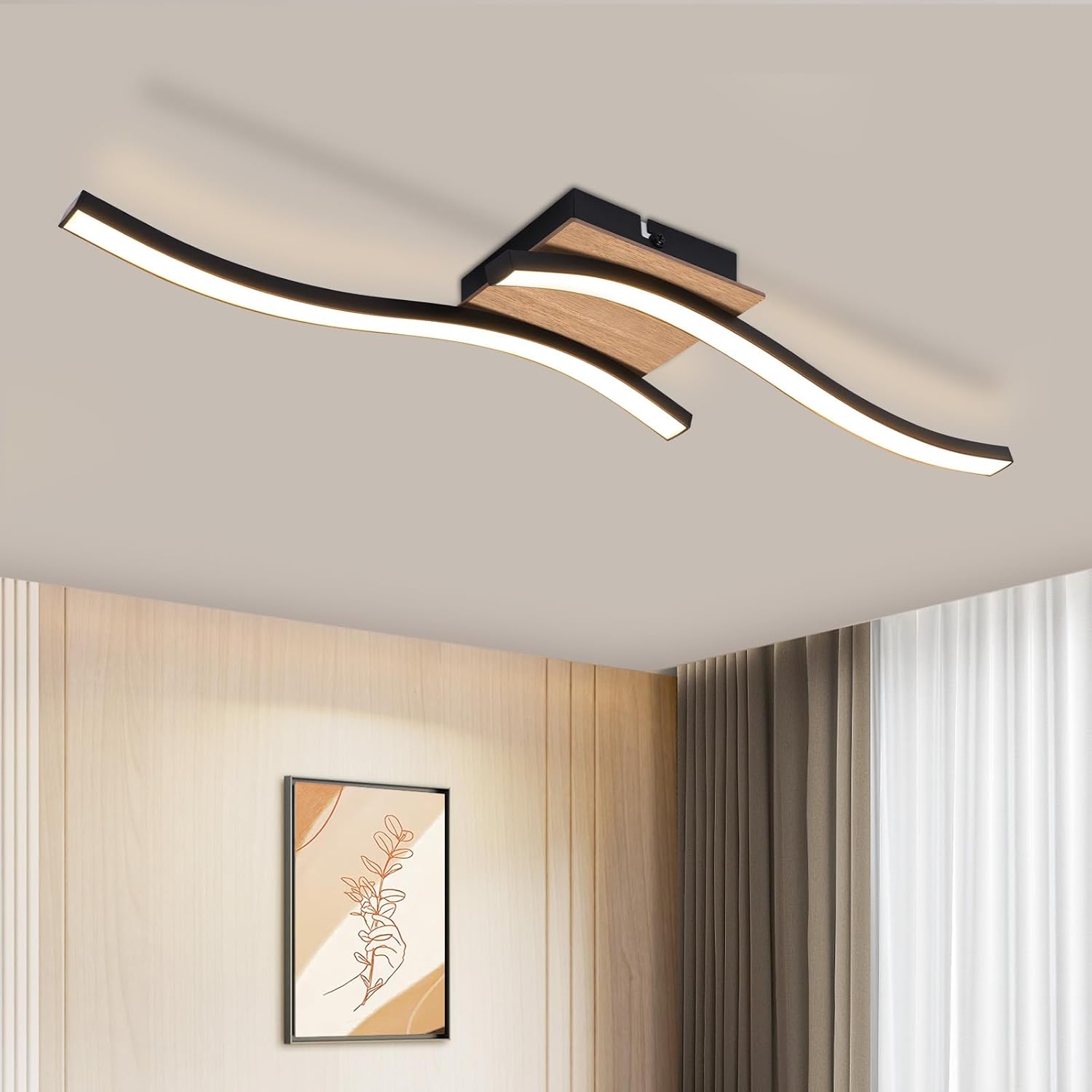 NETTLIFE plafonnier LED 12W bois 3000K blanc chaud design moderne métal noir Leroy Merlin