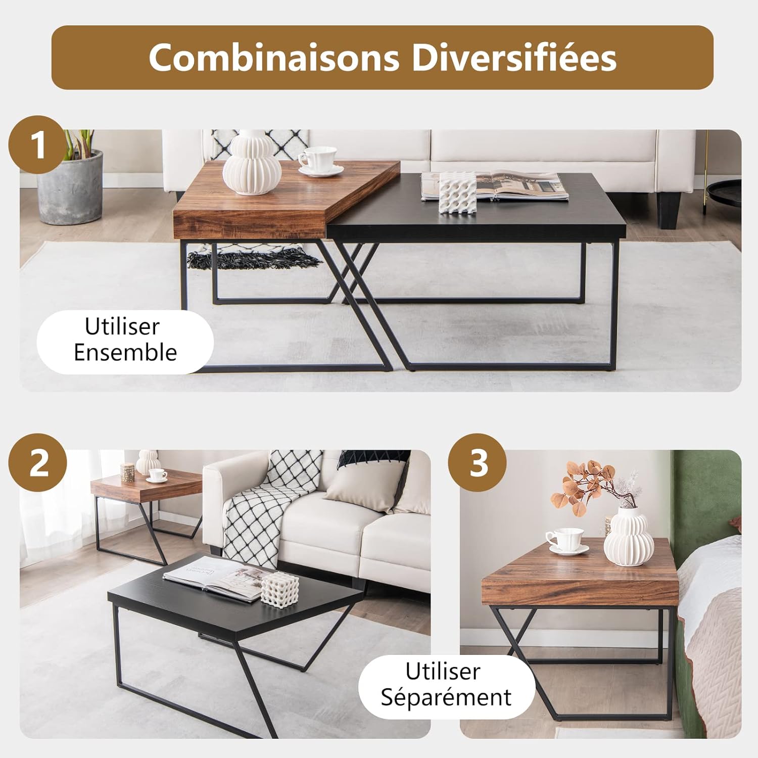 Tables Basses de Style Industriel Vintage,Ensemble de Tables d'Appoint Gigogne Charge Max.90KG pour Salon, Chambre, Bureau 120x60x46cm - 7