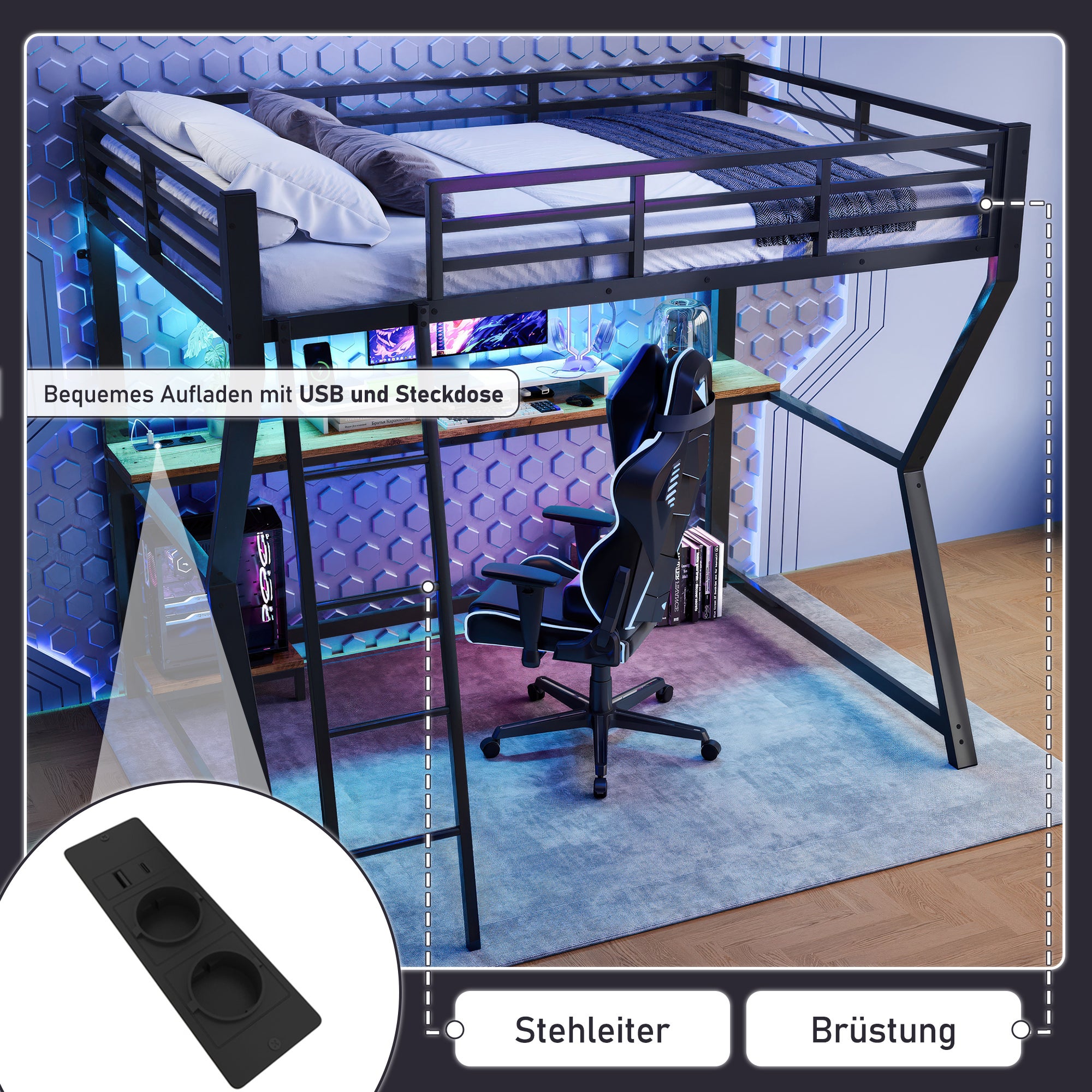 Letto A Soppalco 90x200 In Metallo Con Scrivania, Vano Portaoggetti, Appendino, LED E Presa Europea – Nero, Senza Materasso