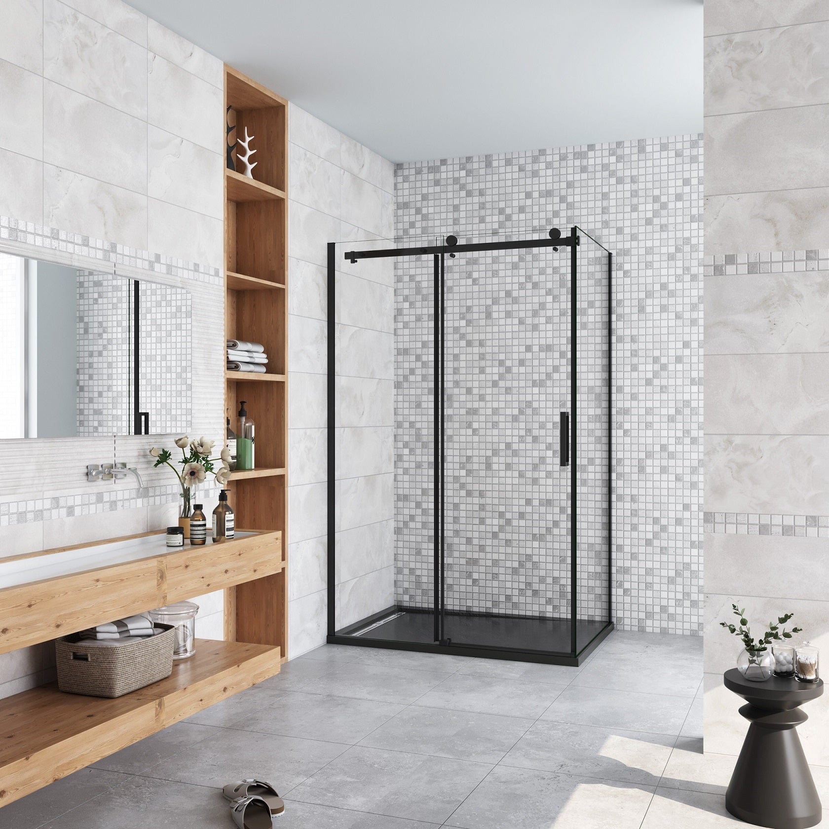 AICA cabine de douche coulissante 120x80x200cm porte de douche + paroi latérale Hauteur 200cm En 8mm verre anticalcaire profilé noir mat - 2