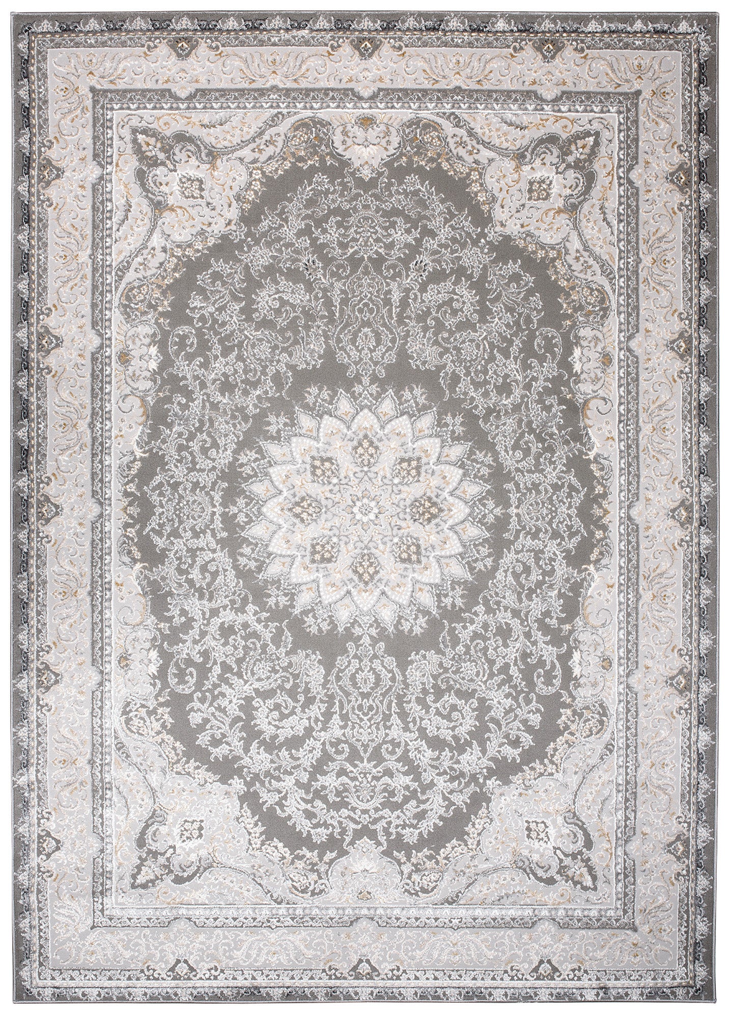TAPISO Hera Tapis Salon Chambre Brillant Gris Beige Crème Vintage Rosace Floral Ornamental Bordé Moucheté Effet 3D OEKO-TEX 80 x 150 cm - 2