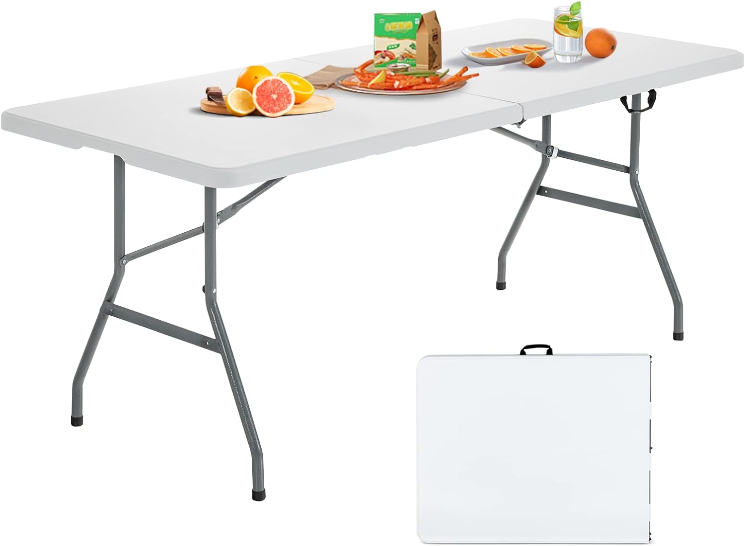 Składany Stół o Wymiarach 180 x 73,5 x 73,5 cm, Solidny Składany Stół z Uchwytem, Przenośny i Lekki Stół Piknikowy z Konstrukcją Stalową, Biały