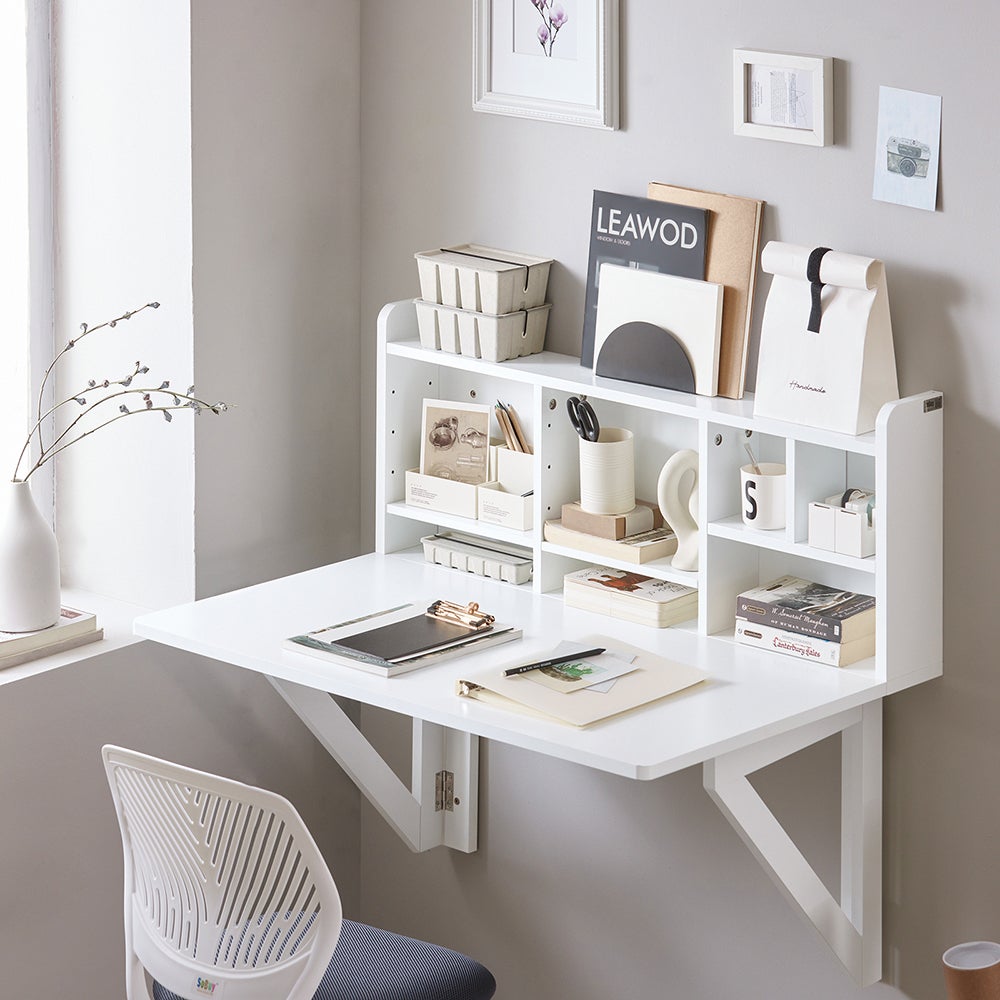 SoBuy Bureau Table Murale Rabattable avec Armoire Murale intégrée, Table Cuisine Pliable, Blanc, FWT07-II-W - 2