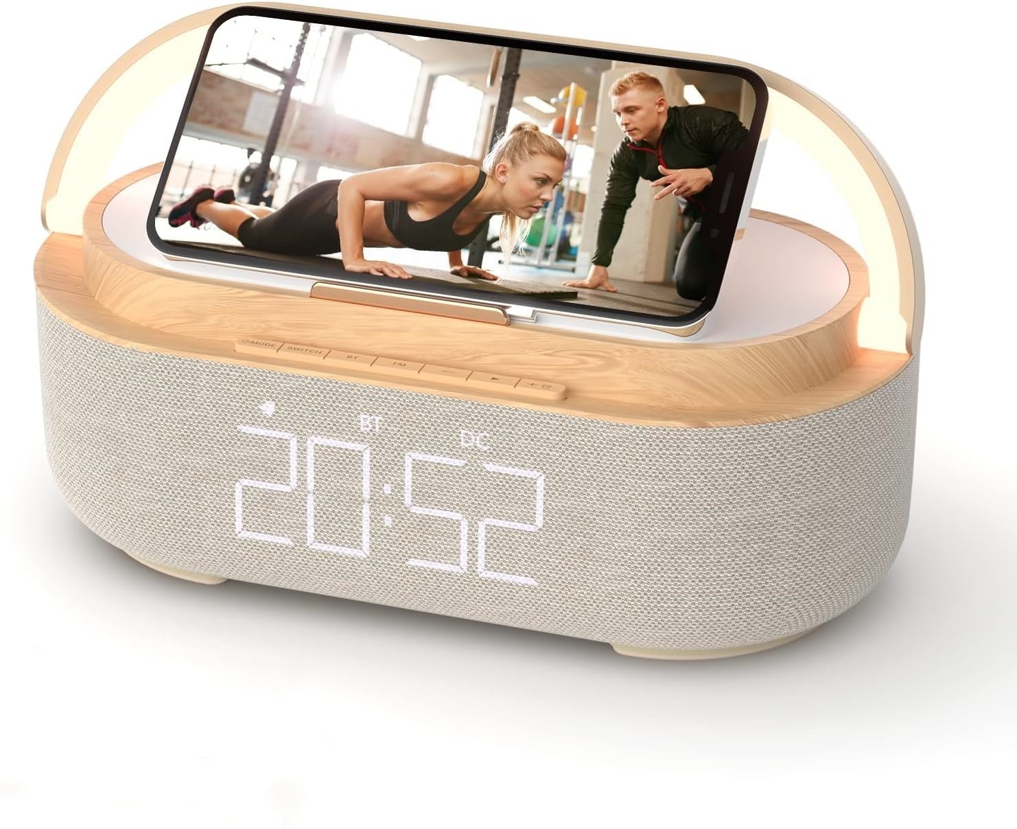 Budzik Bluetooth z ładowarką bezprzewodową, radiem FM, regulowaną lampką nocną LED, przenośny głośnik 6 w 1 do sypialni, 2500 mAh