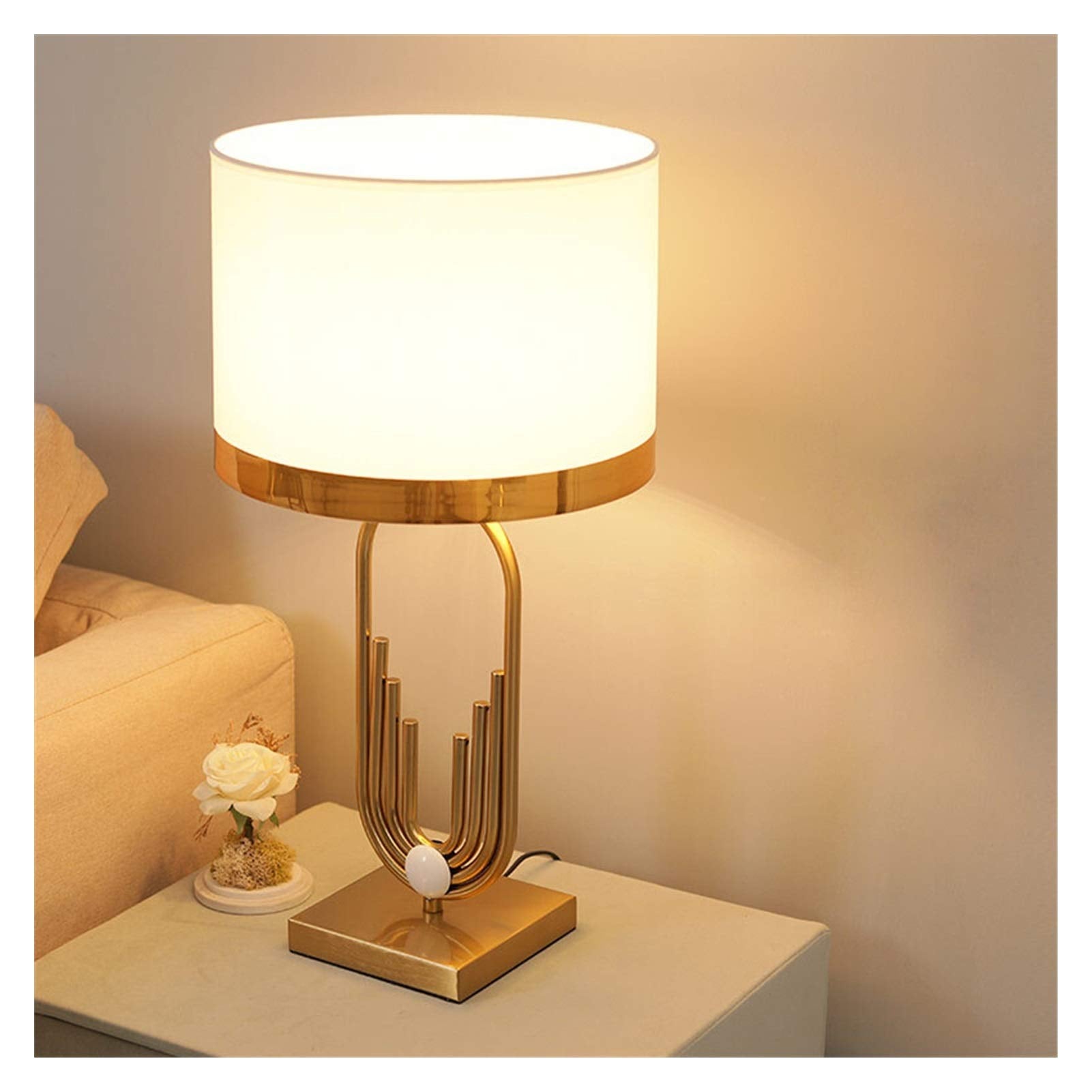 Lampka nocna do sypialni, lampa stołowa z białą złotą ramą, lampka nocna, artystyczna dekoracja, 14 x 25 x 48 cm, ciepłe światło - 9