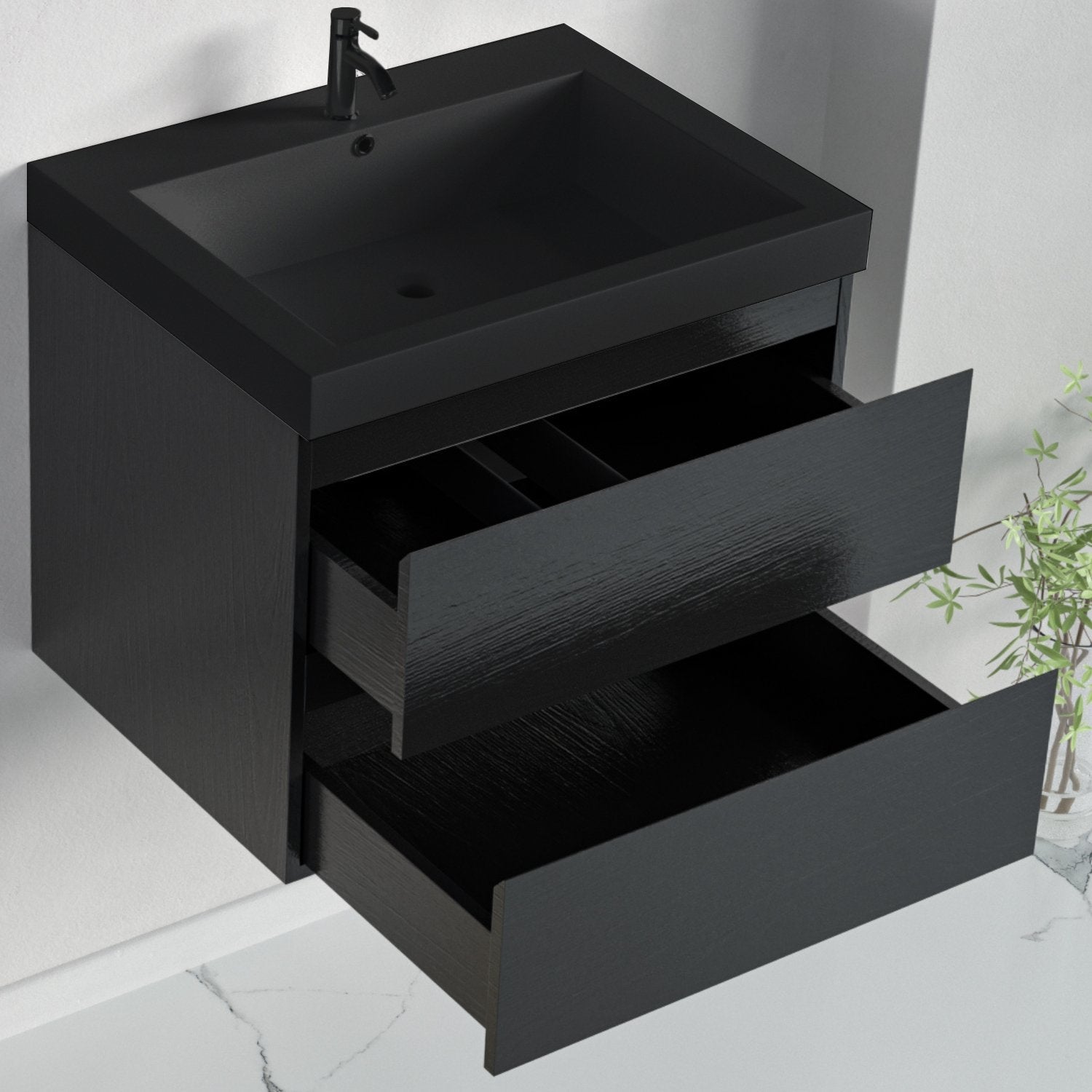 Ensemble meuble vasque 60 cm avec colonne - LOMAZOO Avalon - chêne noir - lavabo noir - 3