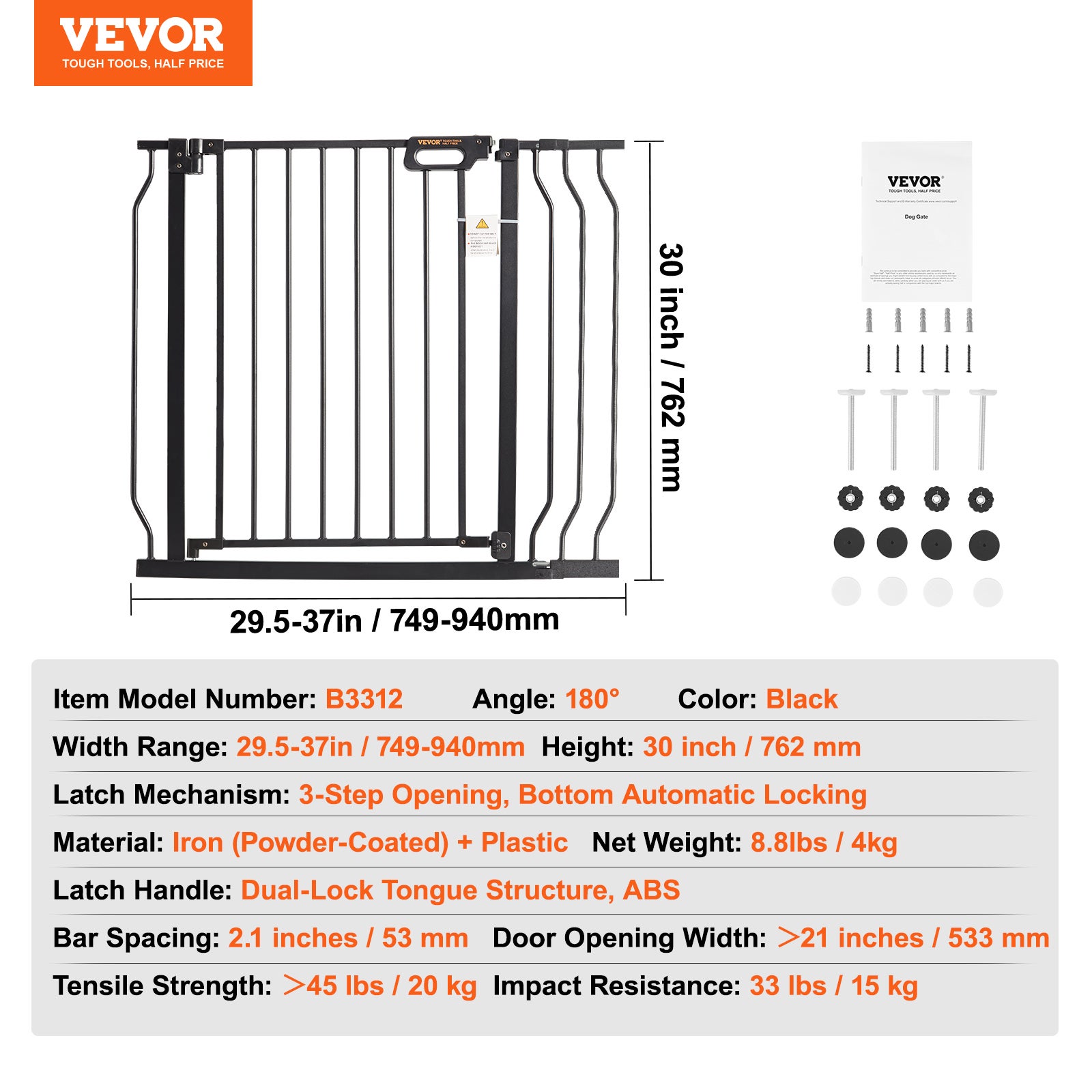 Barriere de Securite Extensible VEVOR 75-99 cm Hauteur de 76 cm Barriere deEscalier a Fermeture Automatique sans Percage Grande Ouverture 533 mm a 180 - 7