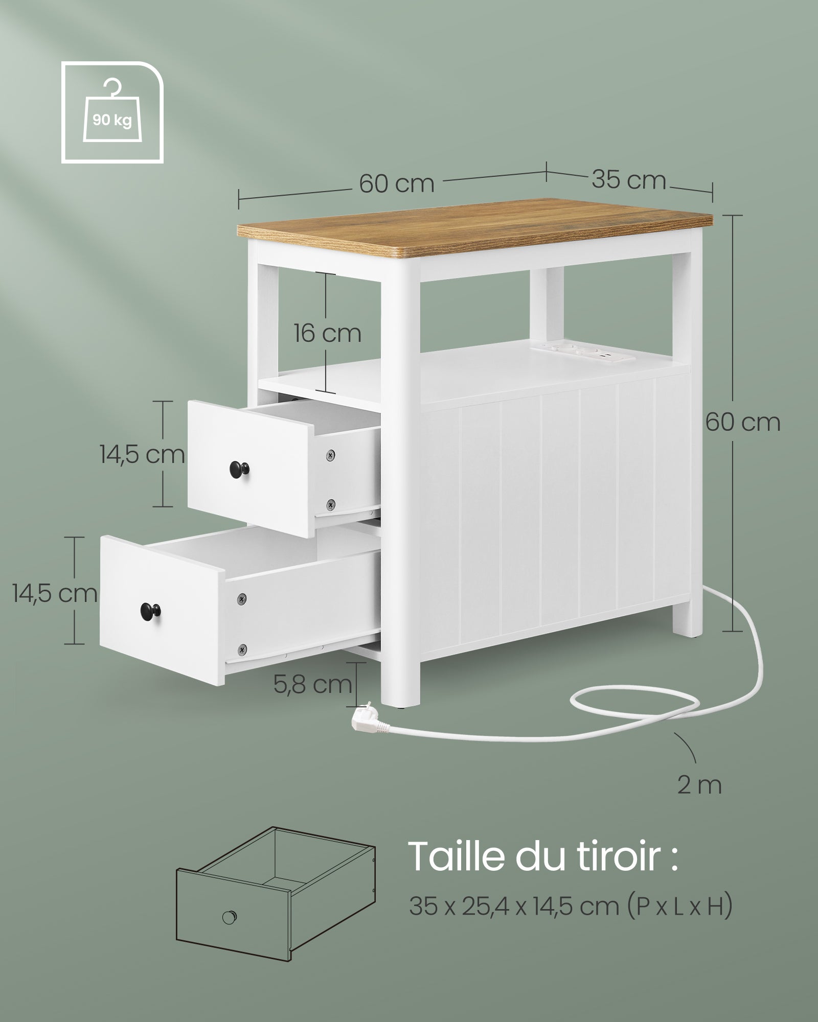 Table d’Appoint avec Multiprise, Petite Table Basse avec Étagère de Rangement, Marron Chêne et Blanc - 5