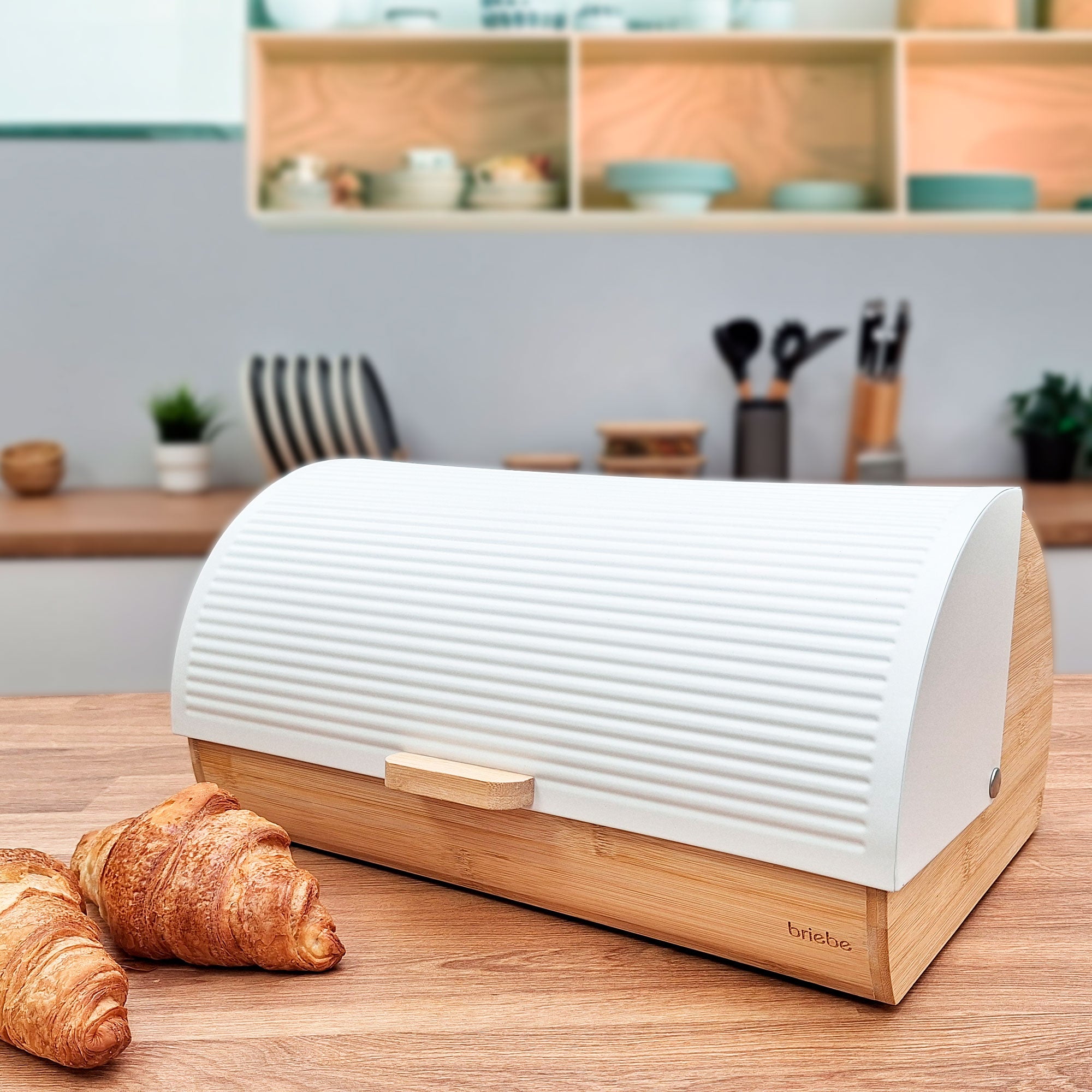 Panera para Guardar Pan de Mesa Madera Bambú, Tapa Deslizante Bread Box Almacenamiento Bollería, Briebe, Blanco, , BB1162 - 7