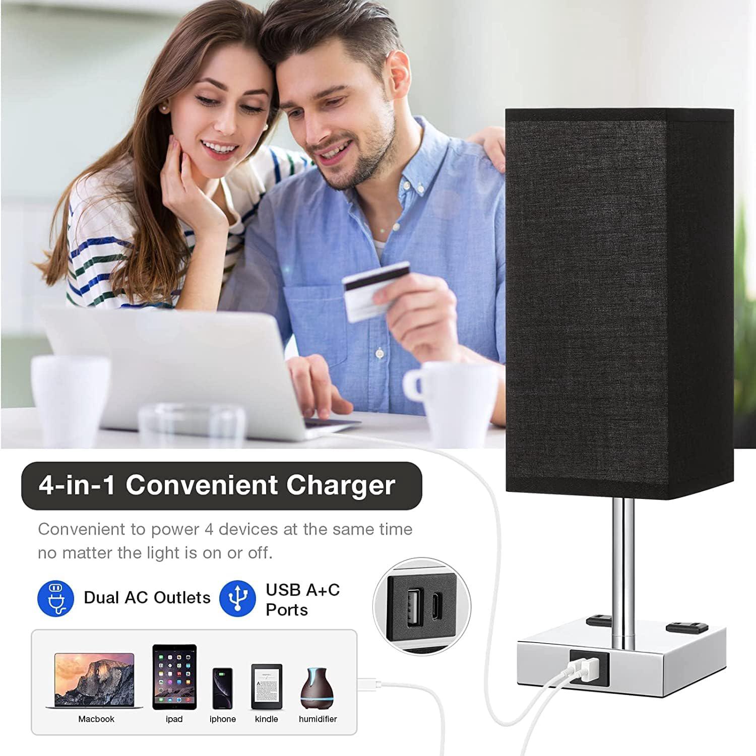 Lampe de Chevet Tactile avec Ports de Charge USBx2, Intensité Variable à 3 Voies, Abat-jour en Tissu Noir Base de art du fer, Lampe de Table - 2