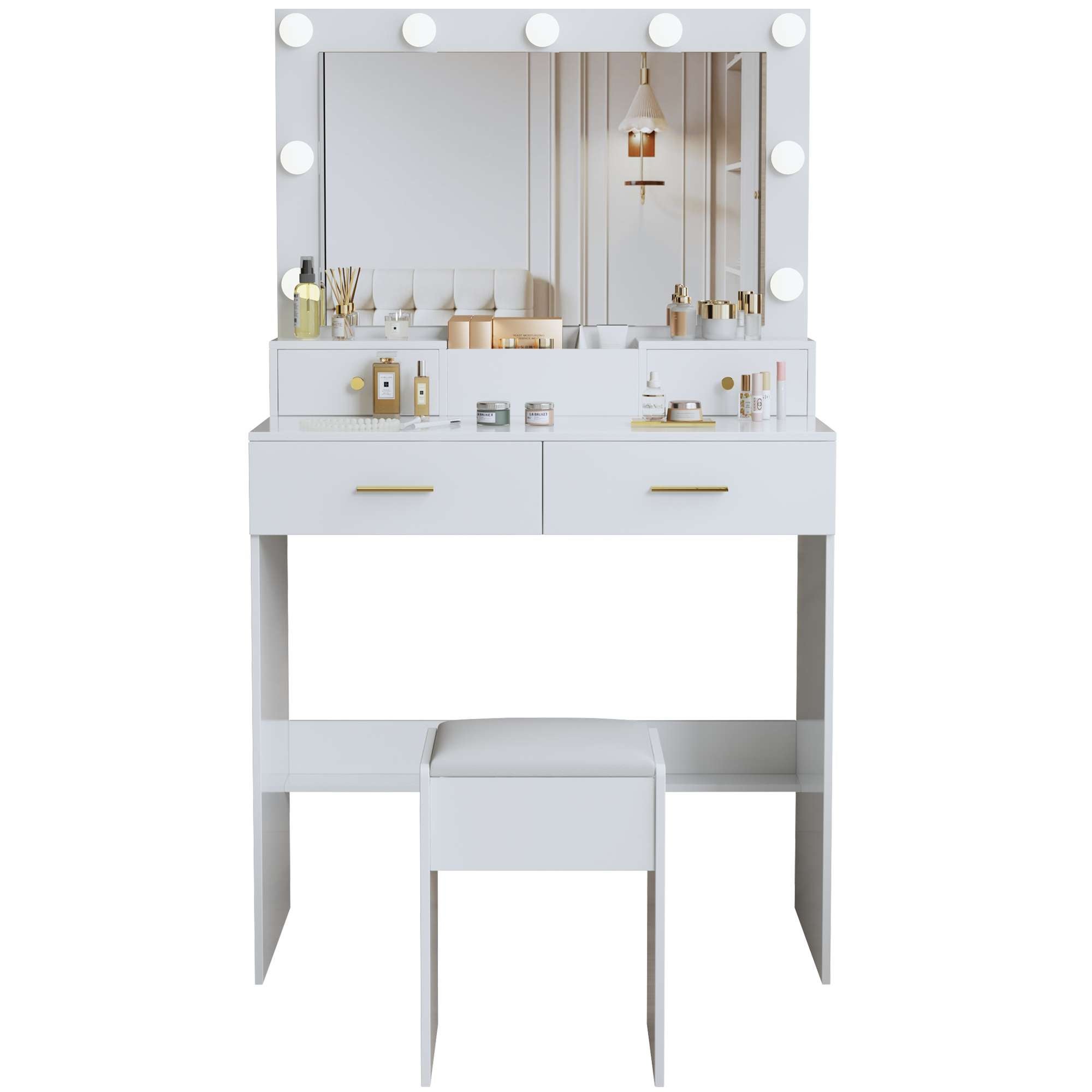 Coiffeuse avec miroir LED 9 lampes, 3 modes d'éclairage, rangement compartimenté, tabouret rembourré et poignées dorées – 137x80x39 cm - 8