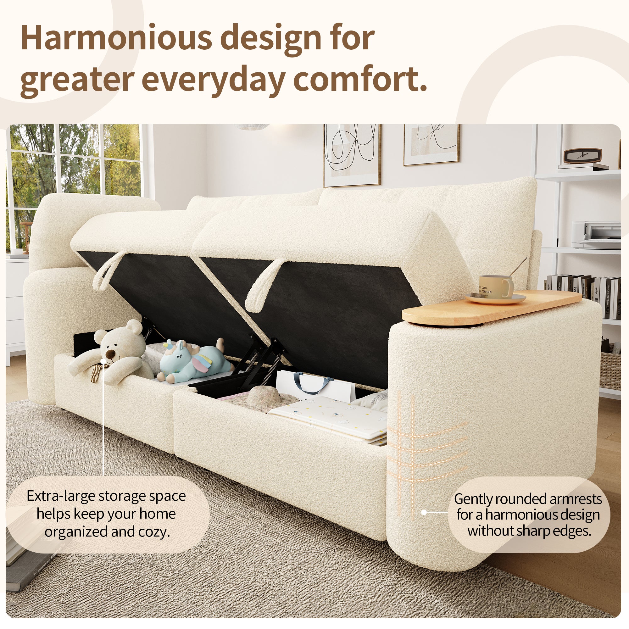 Canapé 3 places avec coffre de rangement et table d'appoint - 207.5 x 80 x 87 cm - Tissu en peluche - Beige - 8