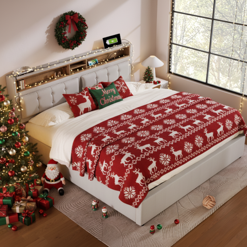 Lit coffre 160 x 200 cm avec tête de lit rangement - USB - tissu en lin - beige - 4