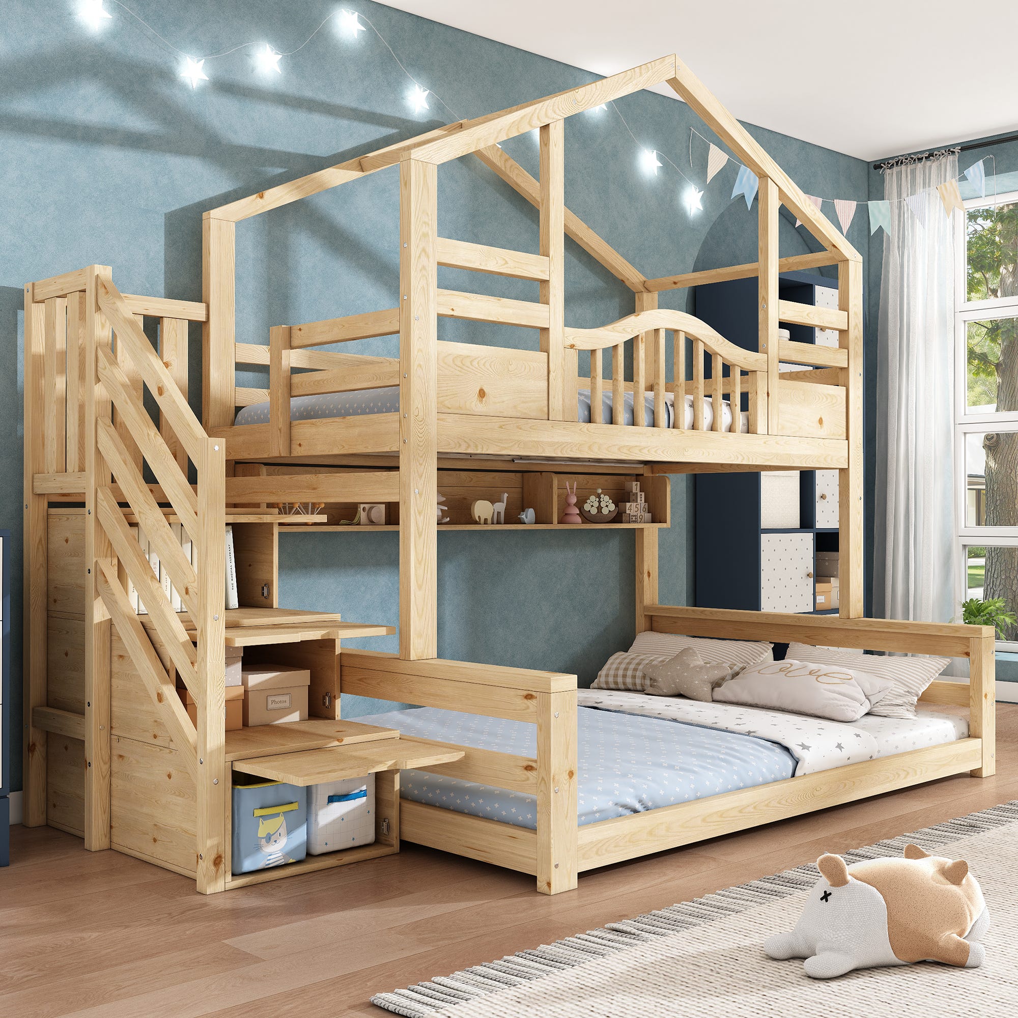 Lit Superposé enfant 90x200 et 140x200 Lit cabane avec 3 escalier ...