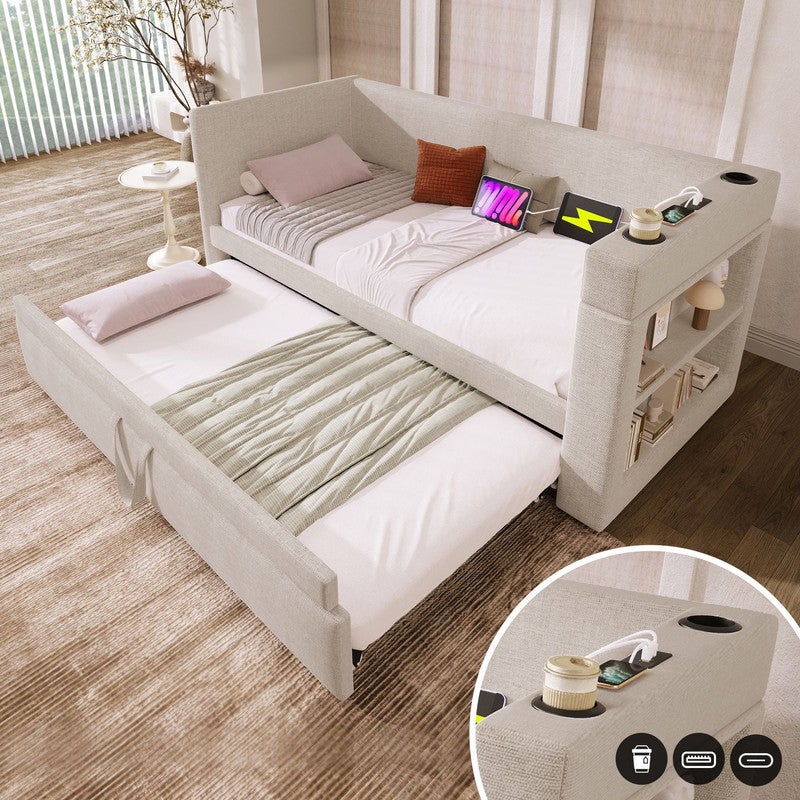 Sofá cama extensible 90x190 con cama nido 90x190,almacenamiento,puertos USB tipo C y portavasos,cama doble con somier de láminas,algodón y lino,beige - 2