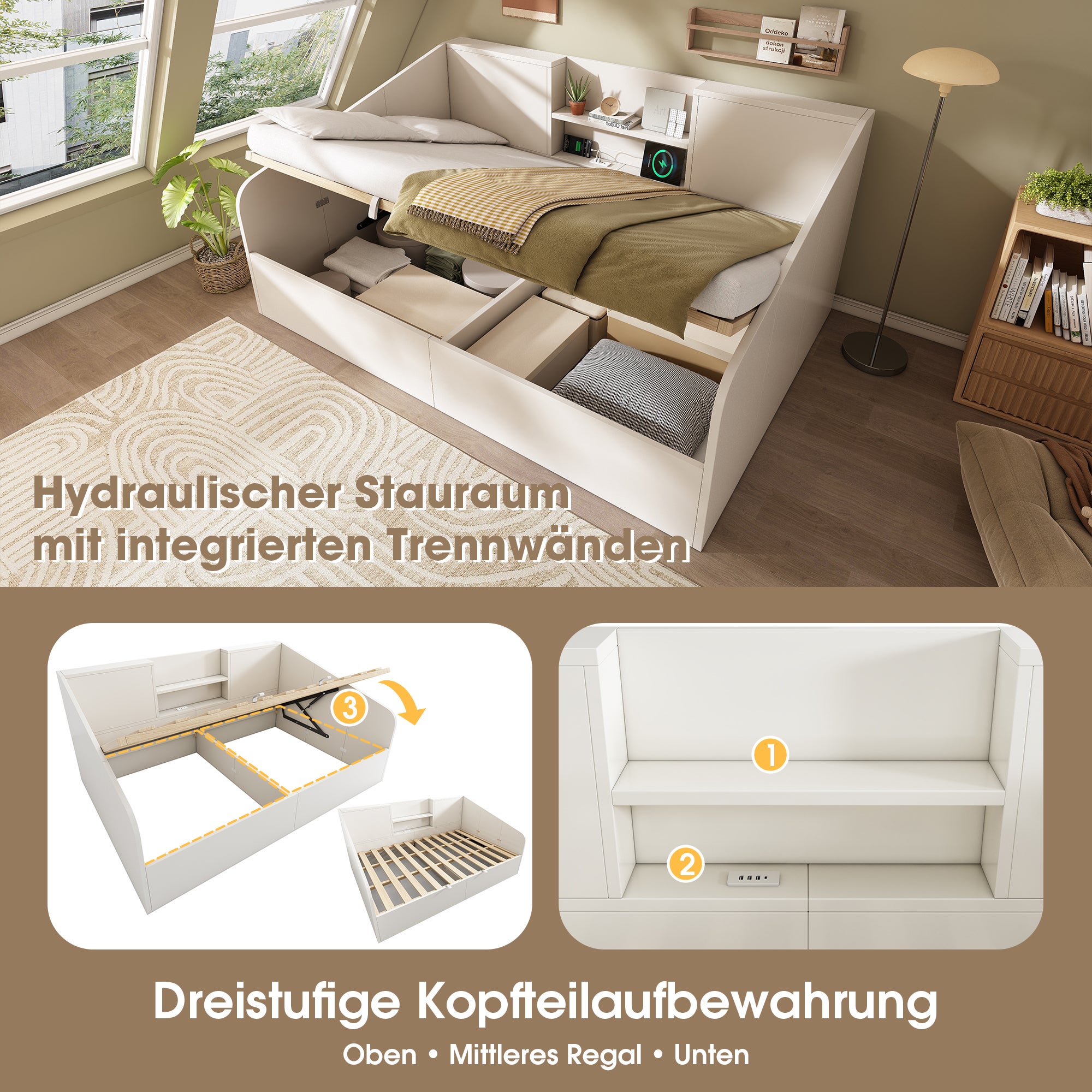Łóżko z pojemnikiem 140 x 190 cm i 2 półkami – sosna + płyta wiórowa – porty ładowania USB/typu C – białe (materac nie jest dołączony) - 4