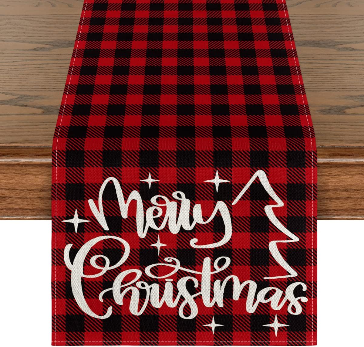 Chemin De Table Noël Moderne 183 X 33 Cm - Décoration Festive En Lin Rouge Avec Arbres Et Flocons Chemin Table Festif Rouge