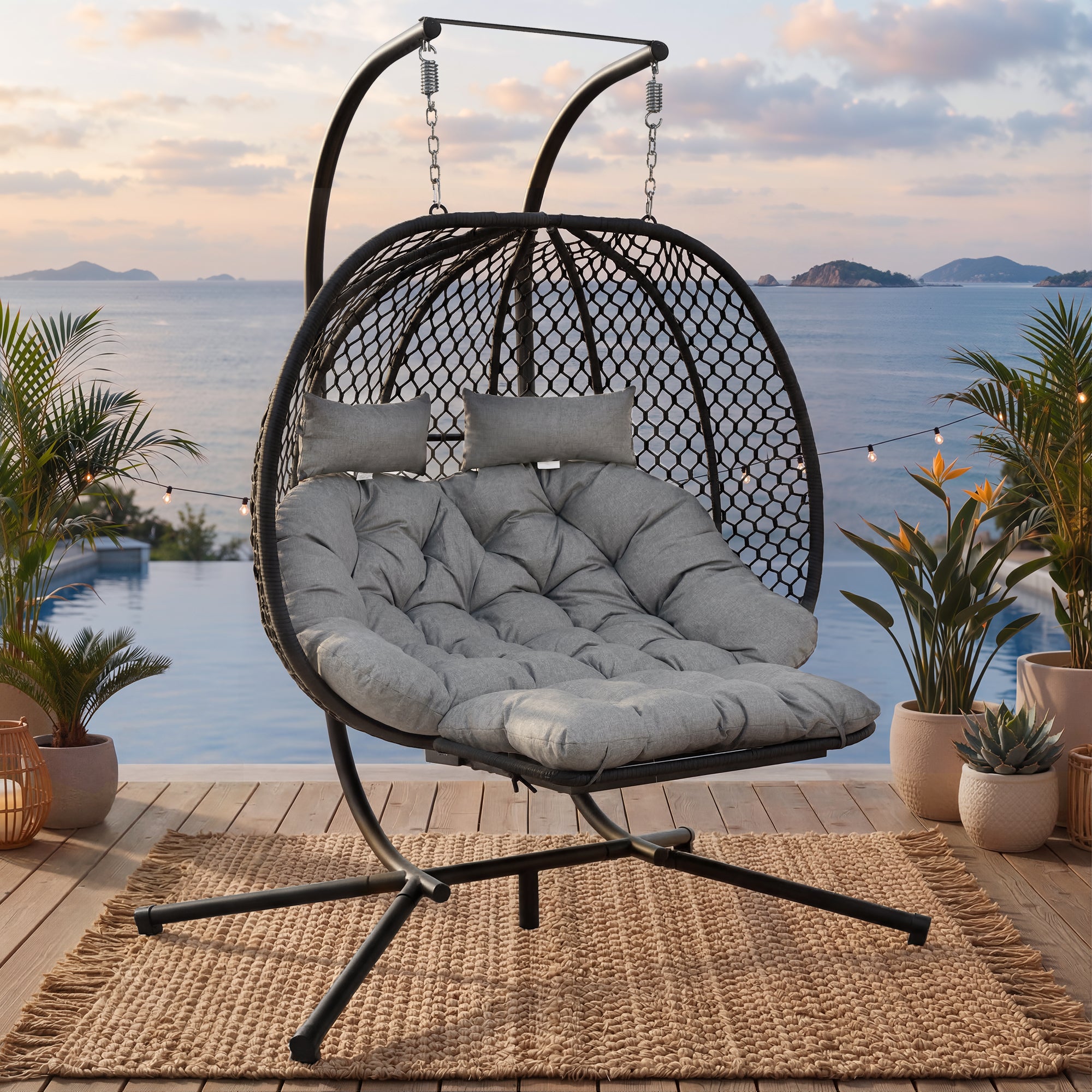 Fauteuil suspendu œuf avec pied, balancelle hamac extérieur avec repose-pieds et coussins, fauteuil à bascule double,structure acier, gris - 4