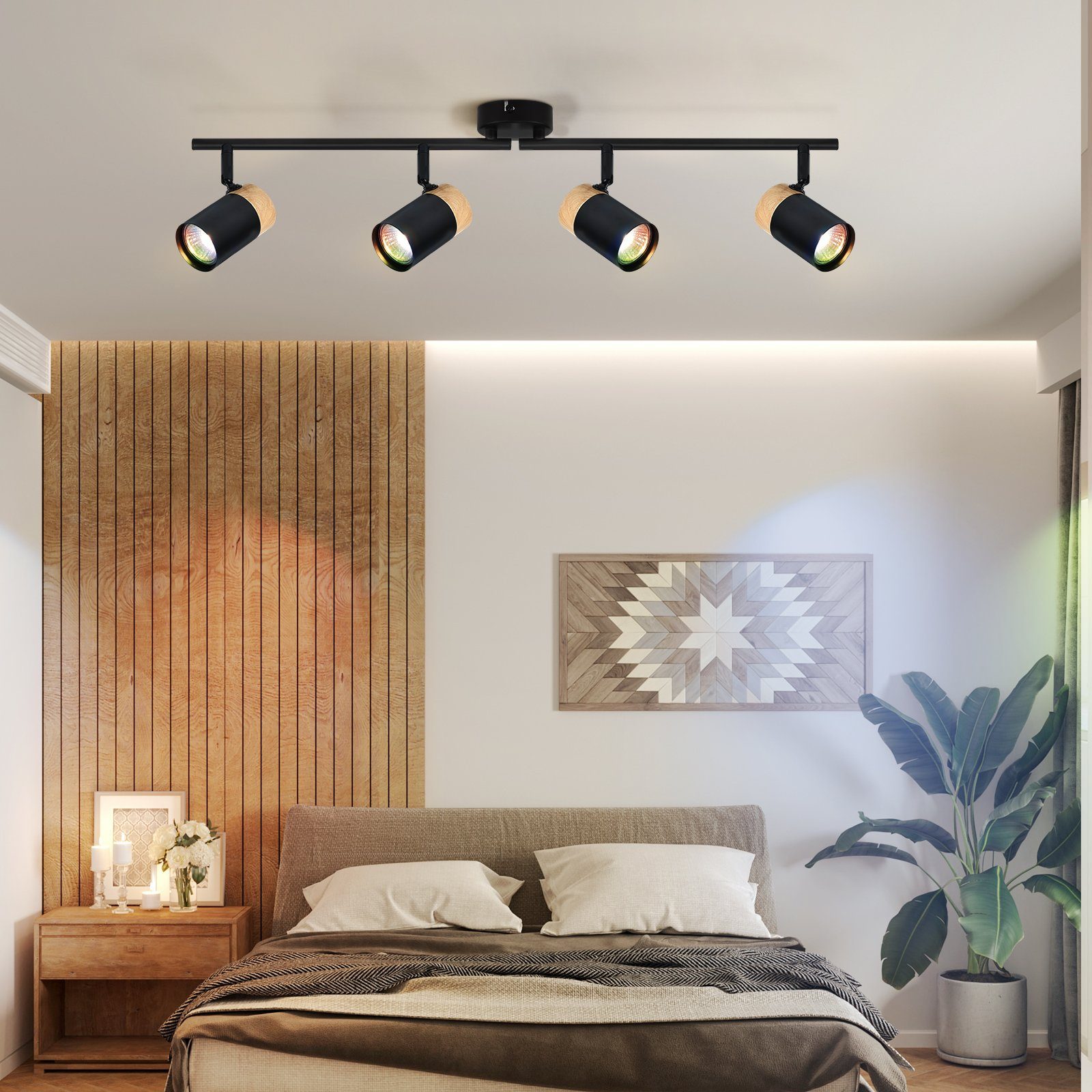 NETTLIFE Plafonnier 4 spots bois GU10 noir orientable 330° pour salon chambre cuisine chambre d'enfant sans ampoule - 7