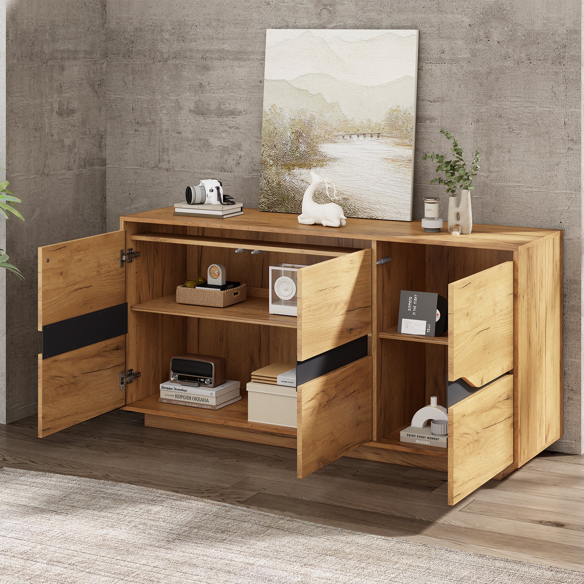 Buffet avec 3 portes, commode - 140 x 40 x 70 cm - Etagères réglables - Panneau de particules - Chêne - 2